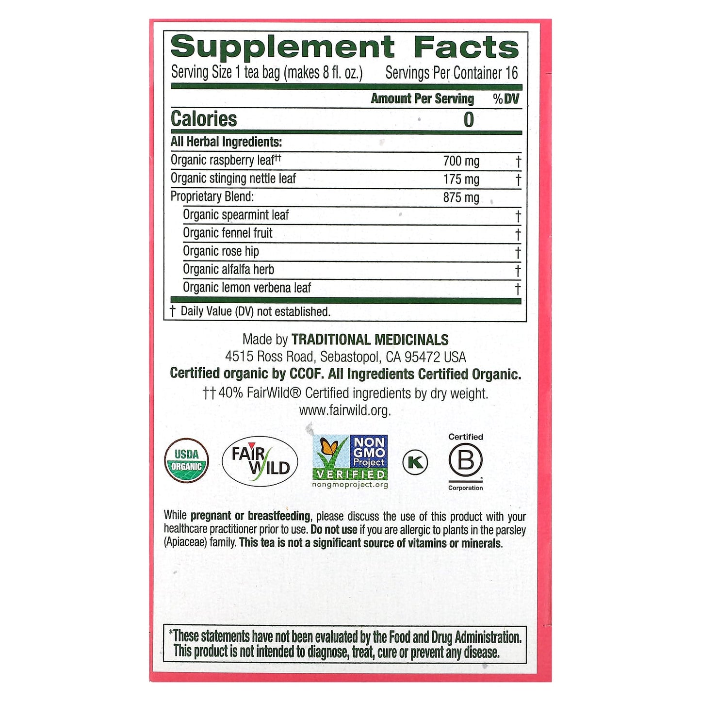 Traditional Medicinals, Organic Pregnancy Tea, Raspberry Leaf, Caffeine Free, 16 Wrapped Tea Bags, 0.99 oz (28 g) - Image 2