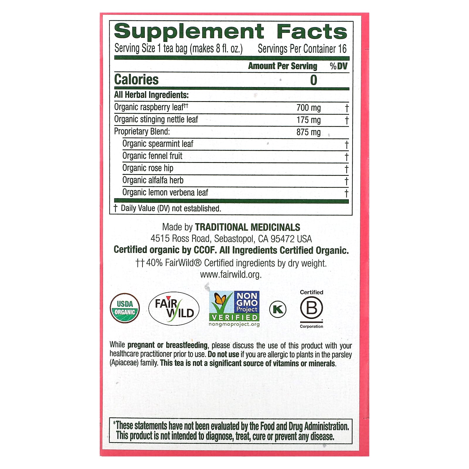 Traditional Medicinals, Organic Pregnancy Tea, Raspberry Leaf, Caffeine Free, 16 Wrapped Tea Bags, 0.99 oz (28 g) - Image 2