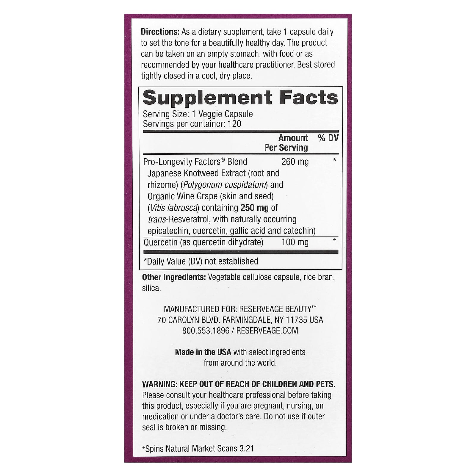 Reserveage Beauty, Resveratrol, 250 mg, 120 Veggie Capsules
