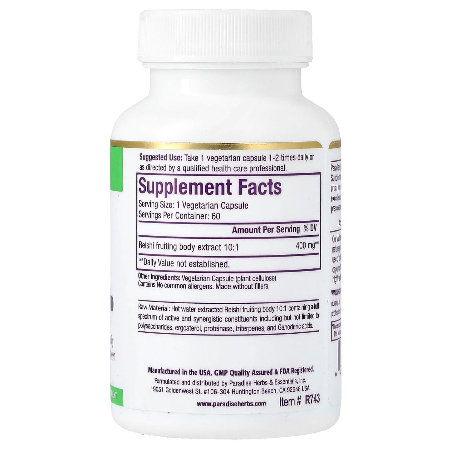 Paradise Herbs, Reishi Extract, 60 Vegetarian Capsules (400 mg per Capsule) - Image 2