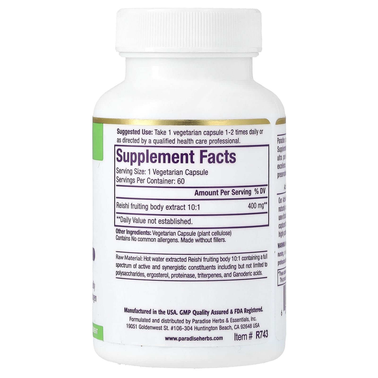 Paradise Herbs, Reishi Extract, 60 Vegetarian Capsules (400 mg per Capsule) - Image 2