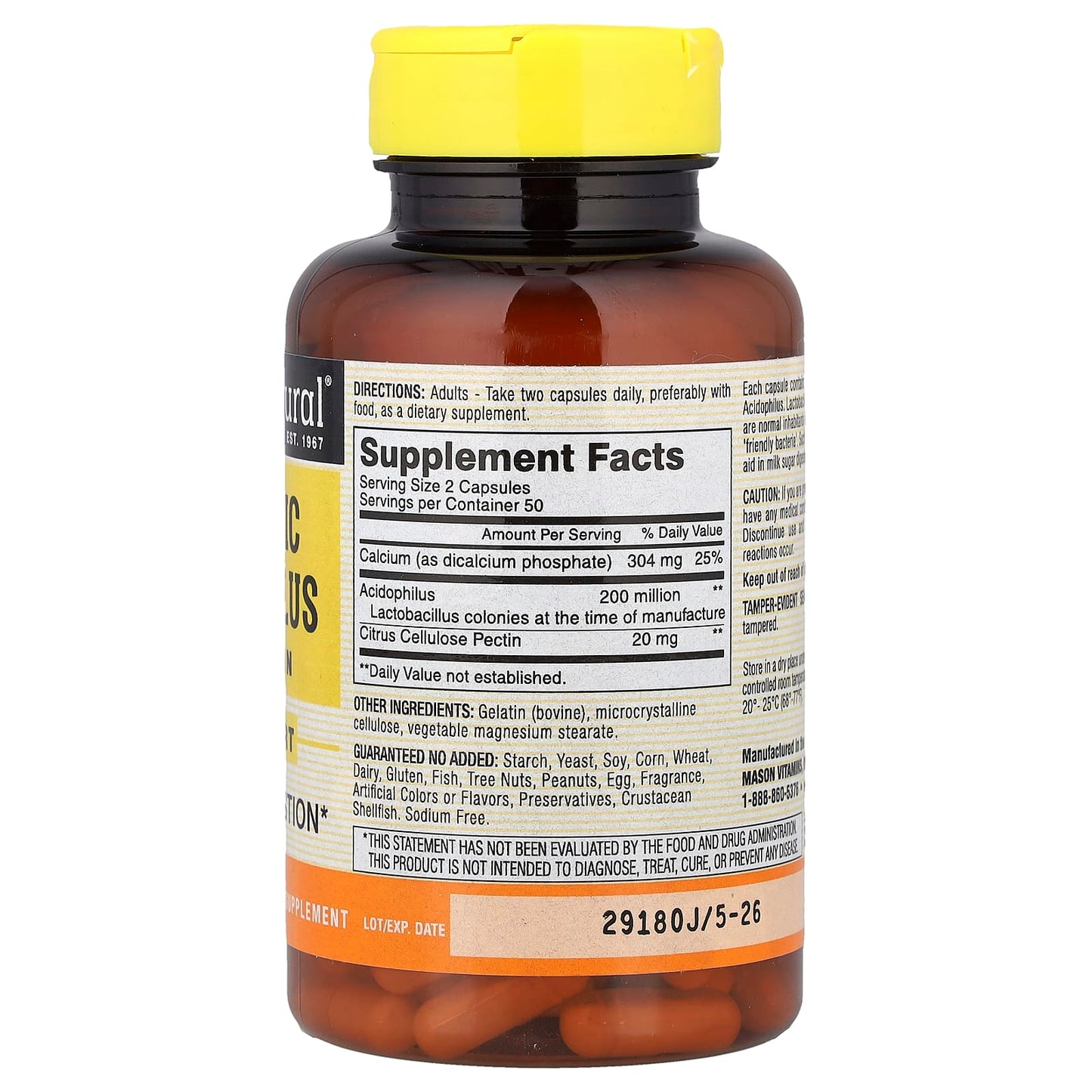 Mason Natural, Probiotic Acidophilus with Pectin, 100 Capsules - Image 2