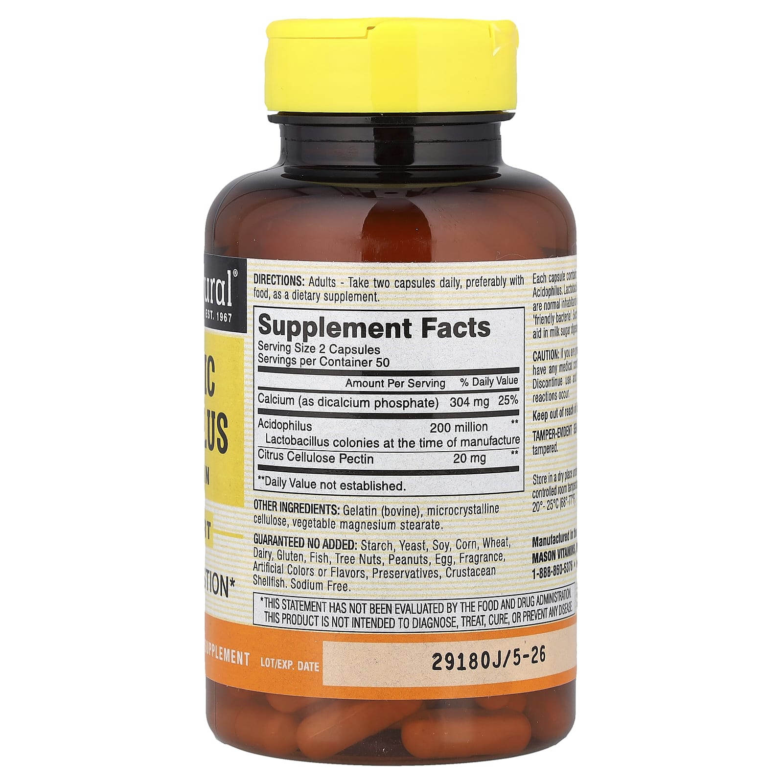 Mason Natural, Probiotic Acidophilus with Pectin, 100 Capsules - Image 2