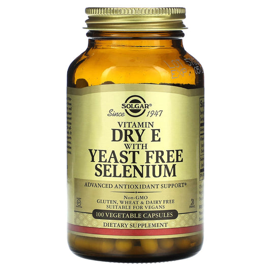 Solgar, Vitamin Dry E with Yeast Free Selenium, 100 Vegetable Capsules - Image 1
