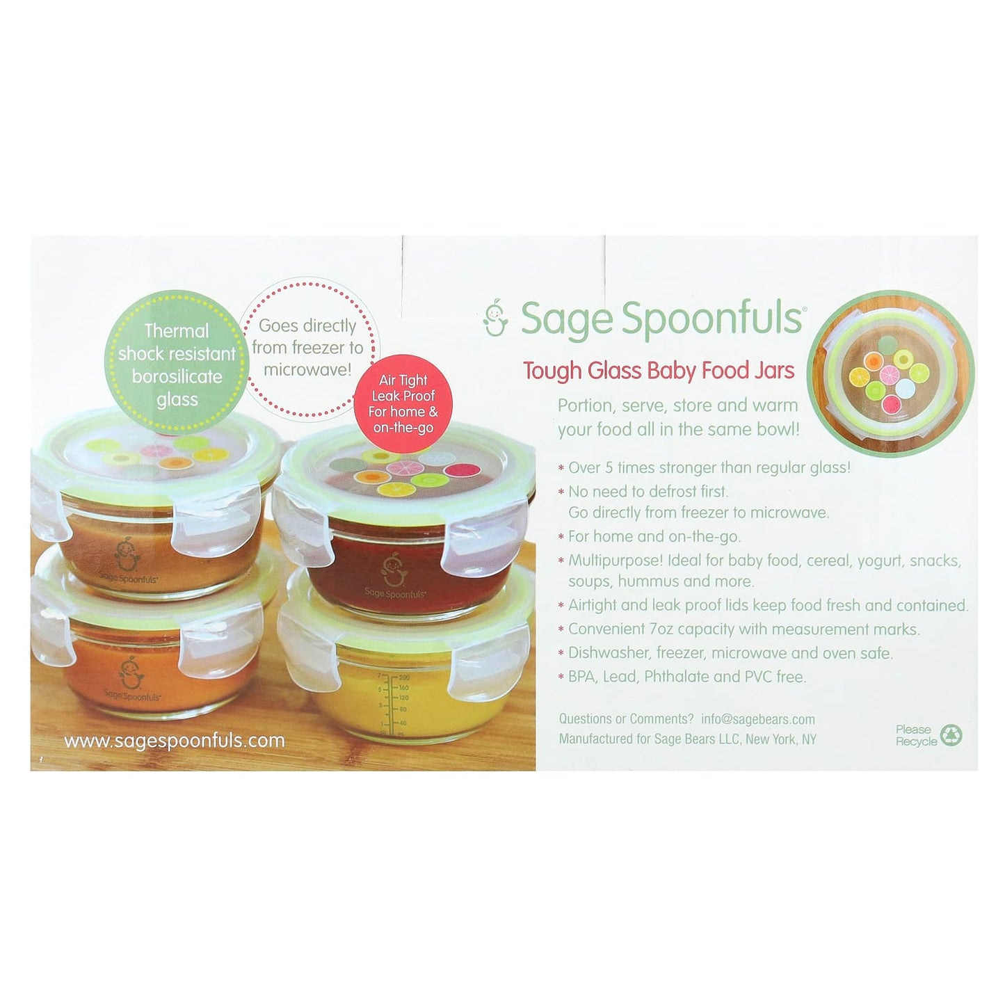 Sage Spoonfuls, Tough Glass Baby Food Jars, 4 Pack, 7 oz (210 ml) Each - Image 2