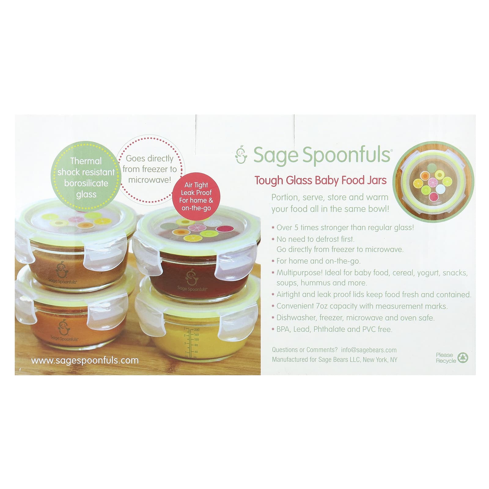 Sage Spoonfuls, Tough Glass Baby Food Jars, 4 Pack, 7 oz (210 ml) Each - Image 2
