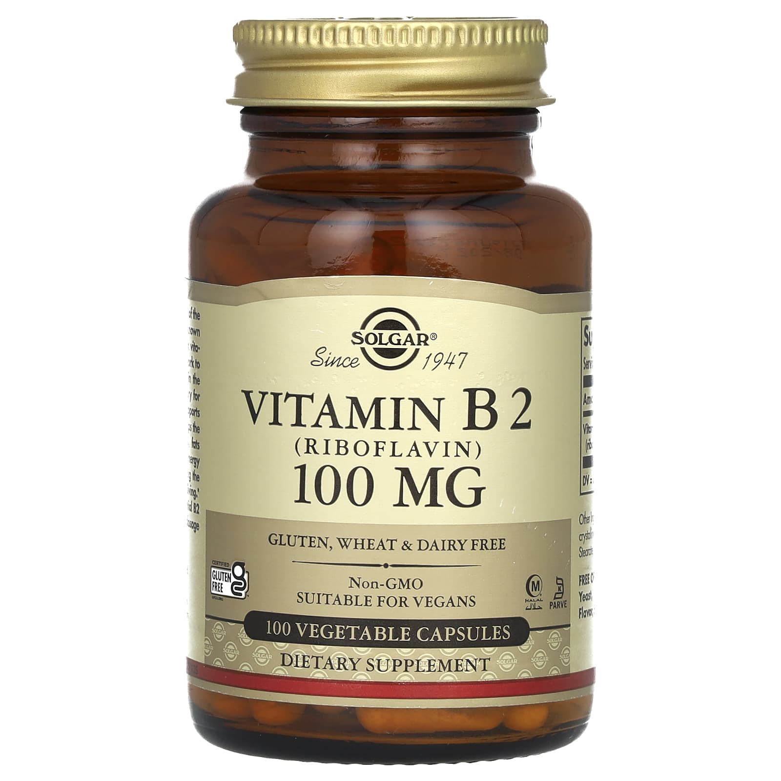 Solgar, Vitamin B2 (Riboflavin), 100 mg, 100 Vegetable Capsules - Image 1