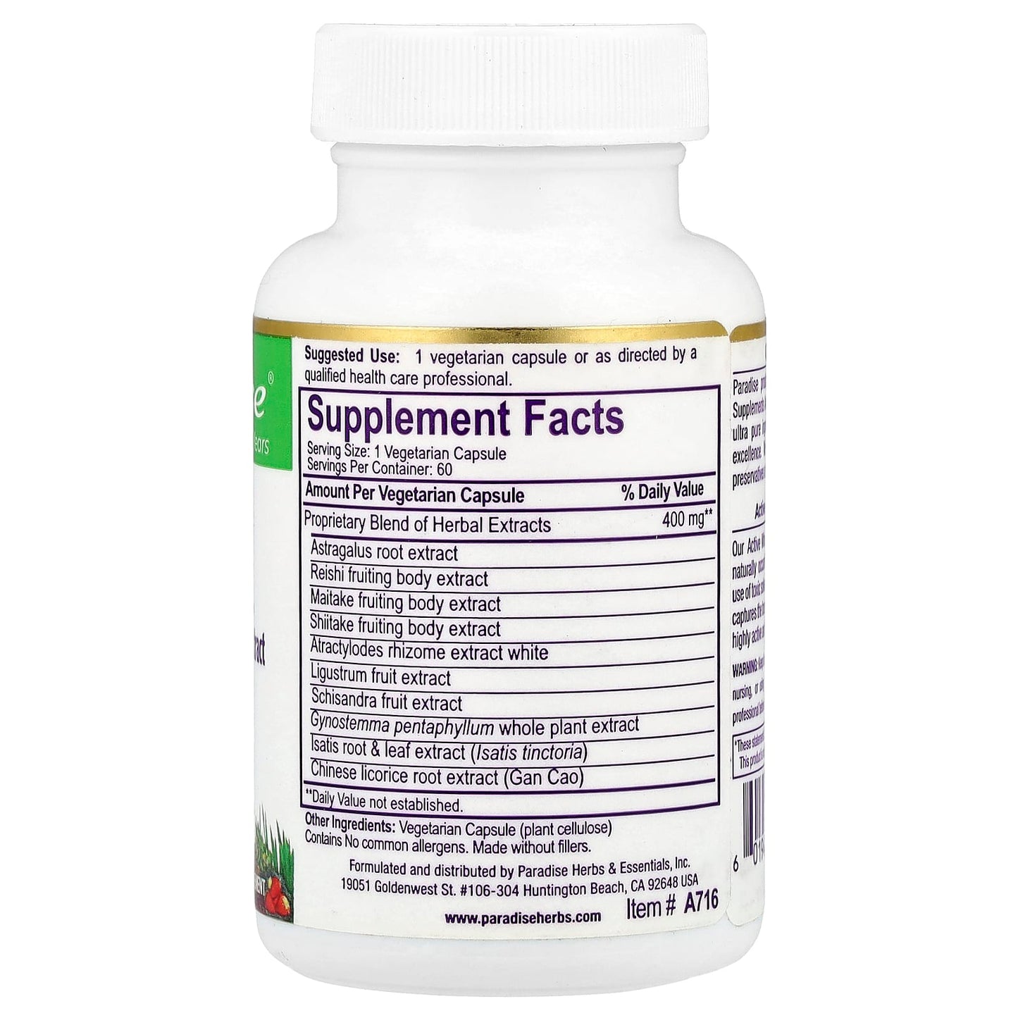 Paradise Herbs, A.R.M. Astragalus, Reishi, Maitake Extract, 60 Vegetarian Capsules - Image 2