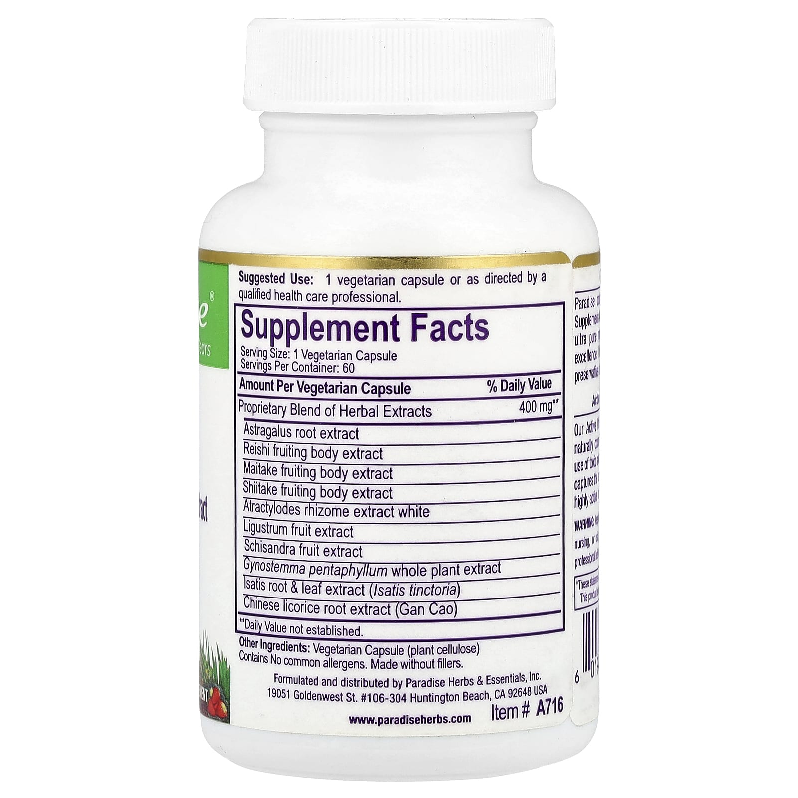 Paradise Herbs, A.R.M. Astragalus, Reishi, Maitake Extract, 60 Vegetarian Capsules - Image 2