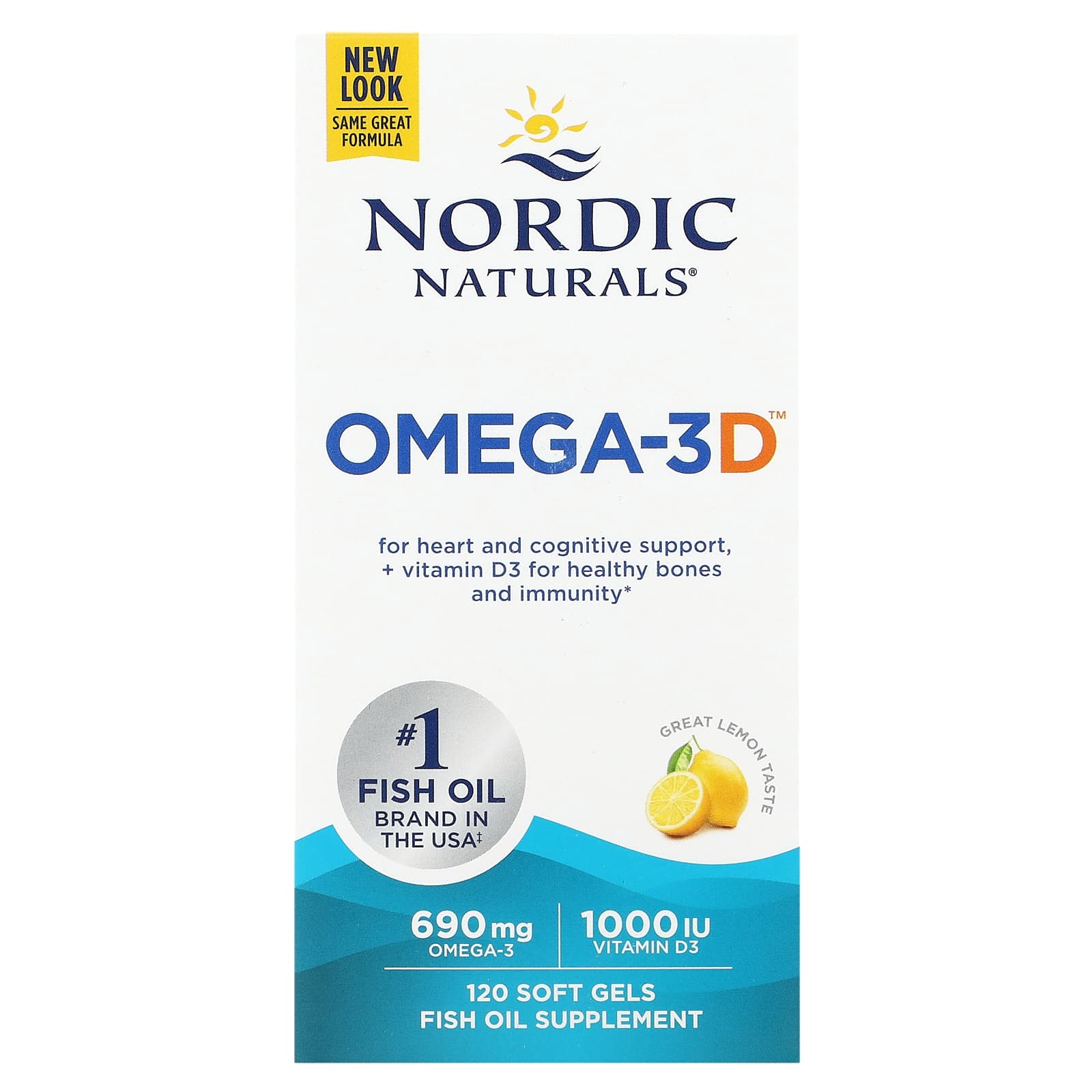 Nordic Naturals, Omega-3D, Lemon, 120 Soft Gels - Image 1