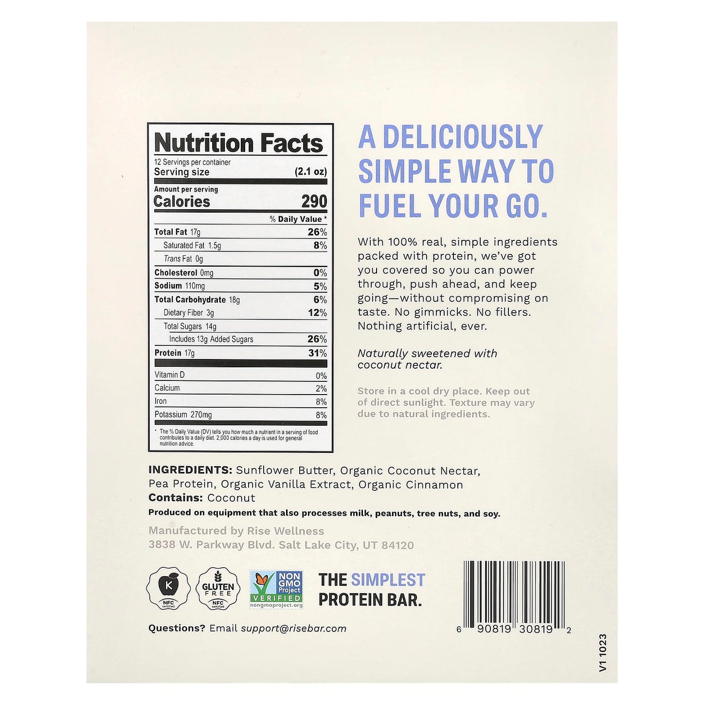 Rise Bar, Protein Bar, Vegan Sunflower Cinnamon, 12 Bars, 2.1 oz (60 g) Each - Image 2