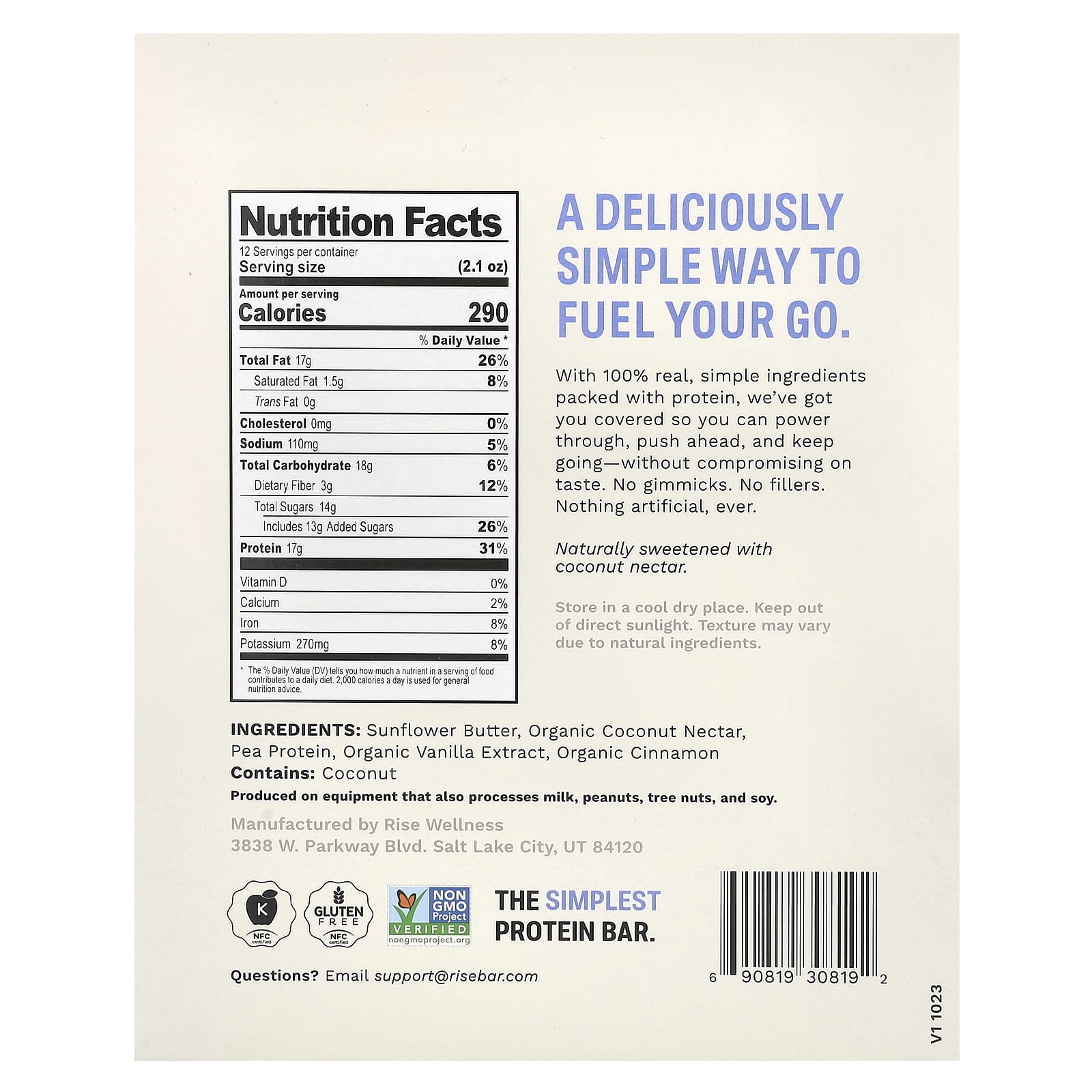 Rise Bar, Protein Bar, Vegan Sunflower Cinnamon, 12 Bars, 2.1 oz (60 g) Each - Image 2