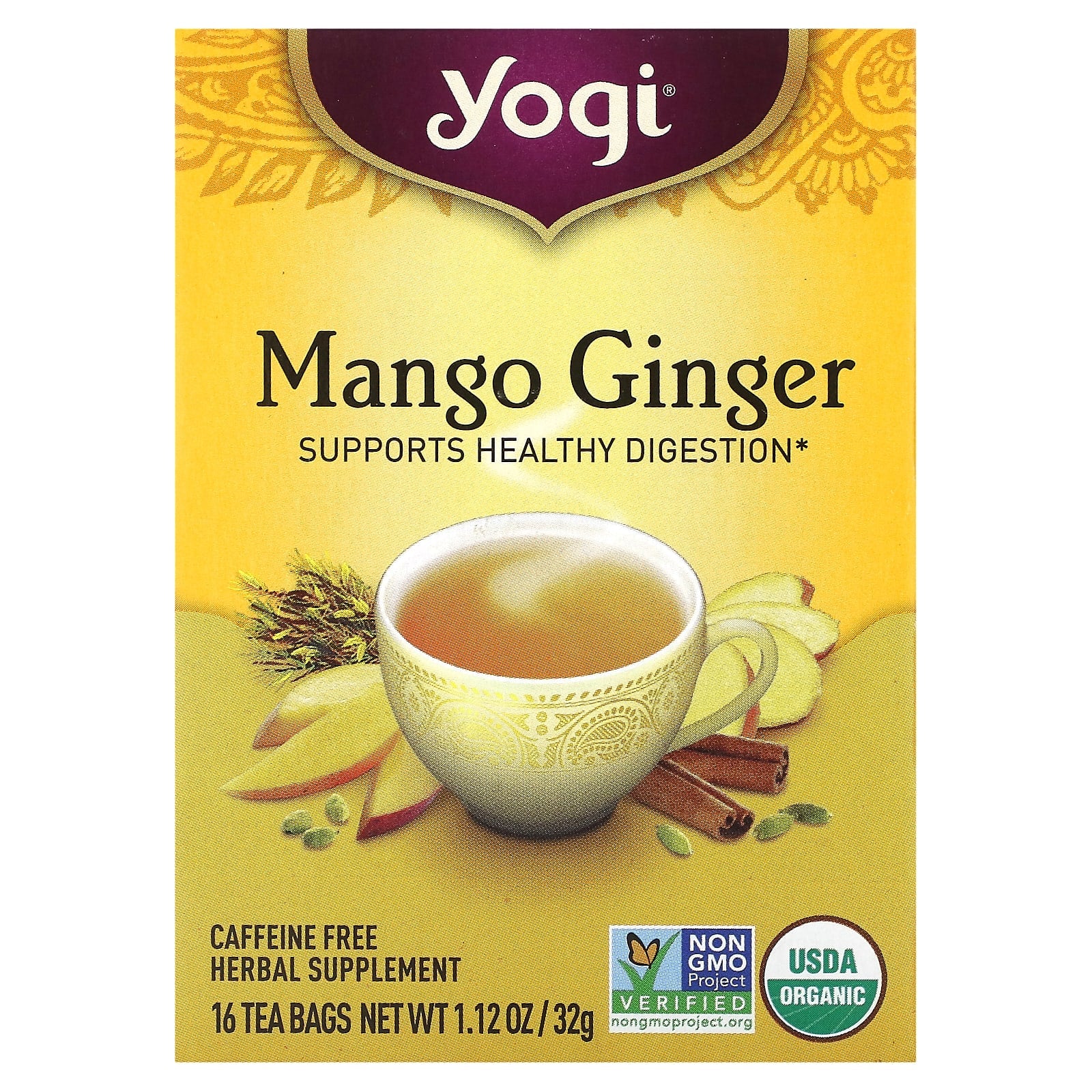 Yogi Tea, Mango Ginger, Caffeine Free, 16 Tea Bags, 1.12 oz (32 g) - Image 1
