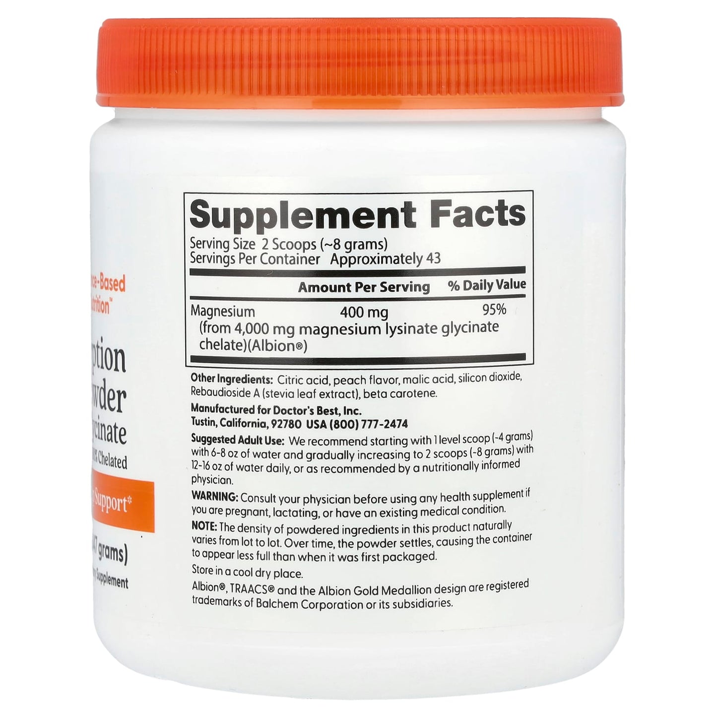 High Absorption Magnesium Powder by Doctor's Best, Sweet Peach Flavor for Relaxation & Sleep - Image 2