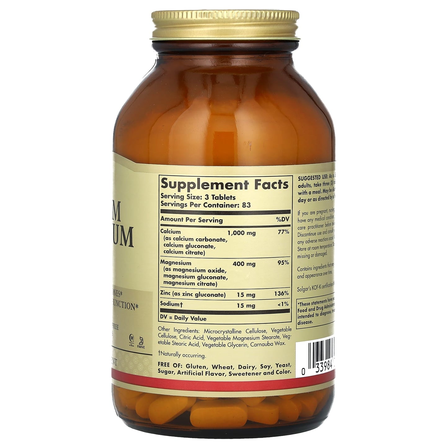 Solgar, Calcium Magnesium Plus Zinc, 250 Tablets - Image 2