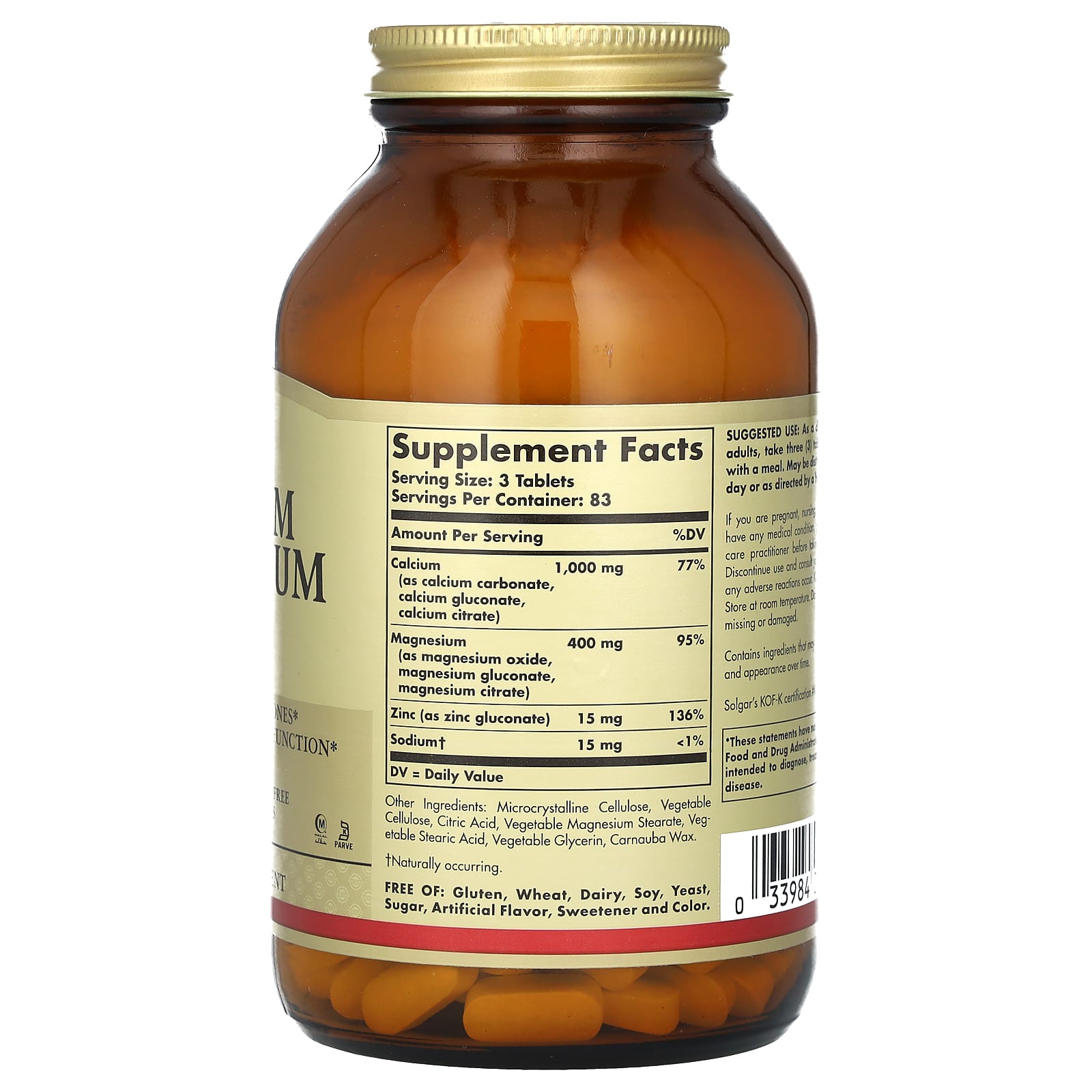 Solgar, Calcium Magnesium Plus Zinc, 250 Tablets - Image 2