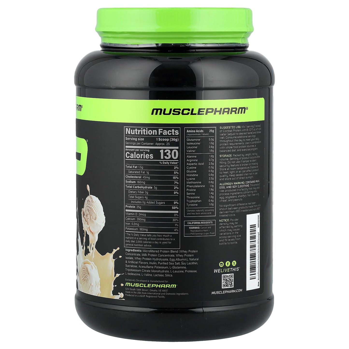 MusclePharm, Combat Protein Powder, Vanilla, 2 lbs (0.9 kg) - Image 2
