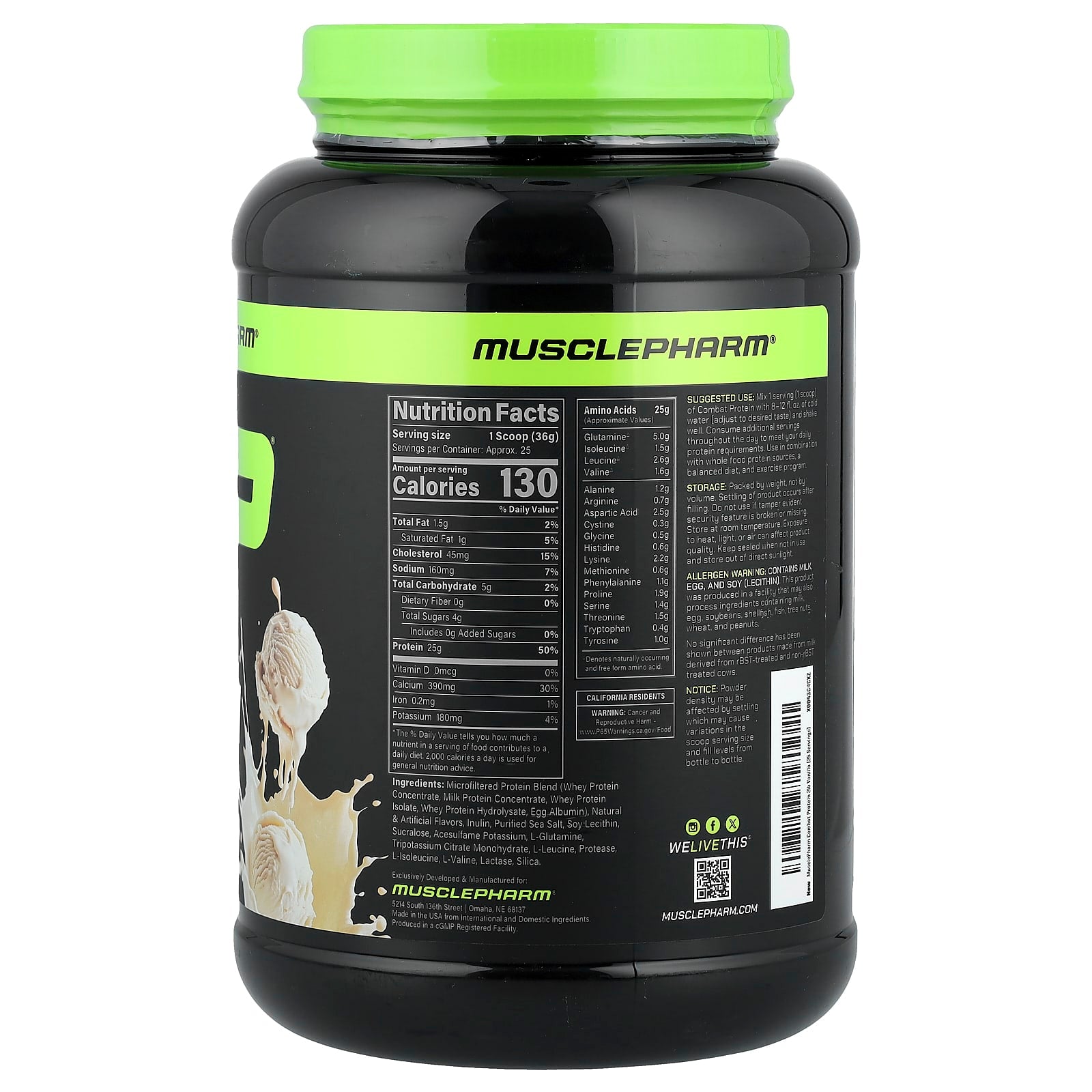 MusclePharm, Combat Protein Powder, Vanilla, 2 lbs (0.9 kg) - Image 2