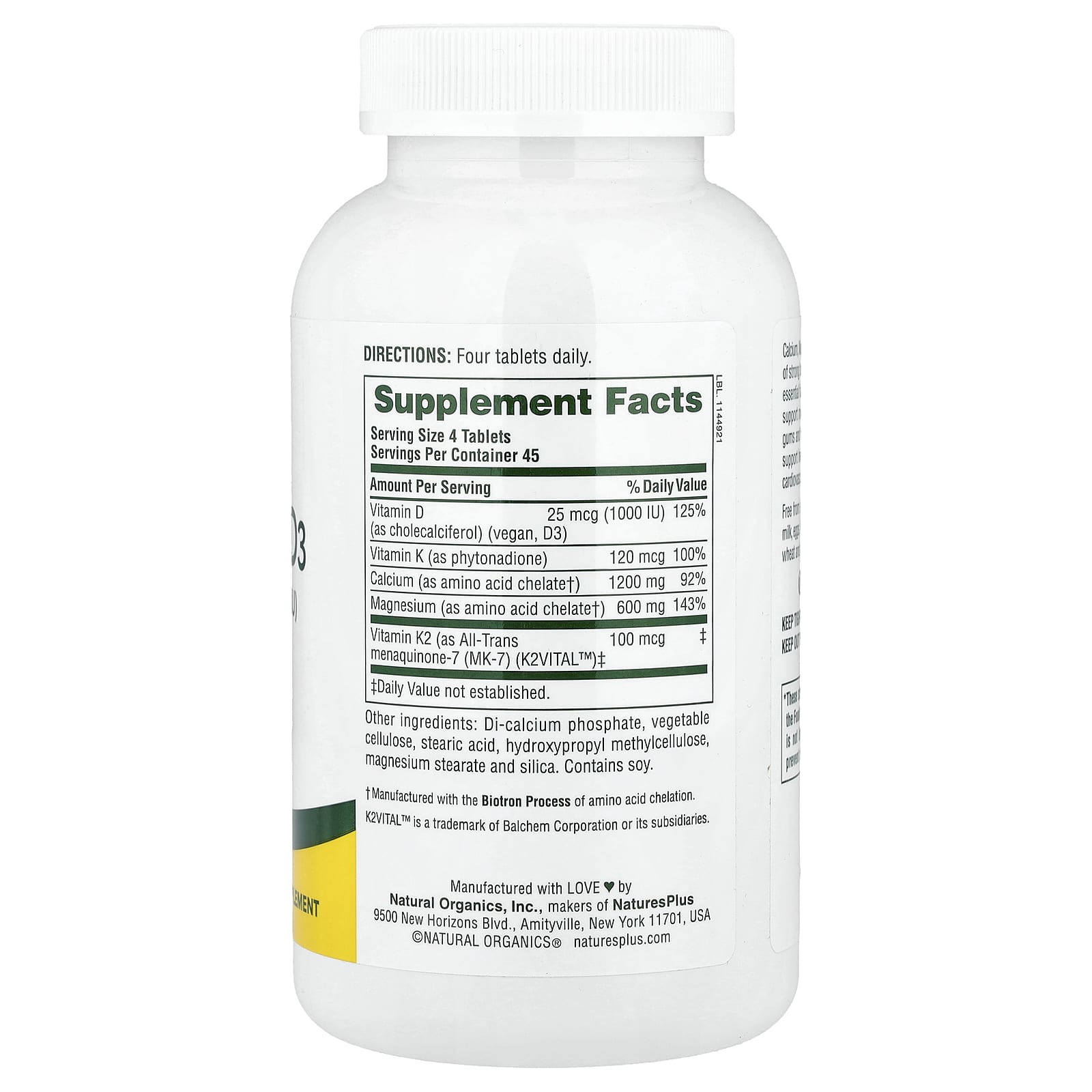 NaturesPlus, Cal/Mag/Vit D3 with Vitamin K2, 180 Tablets - Image 2