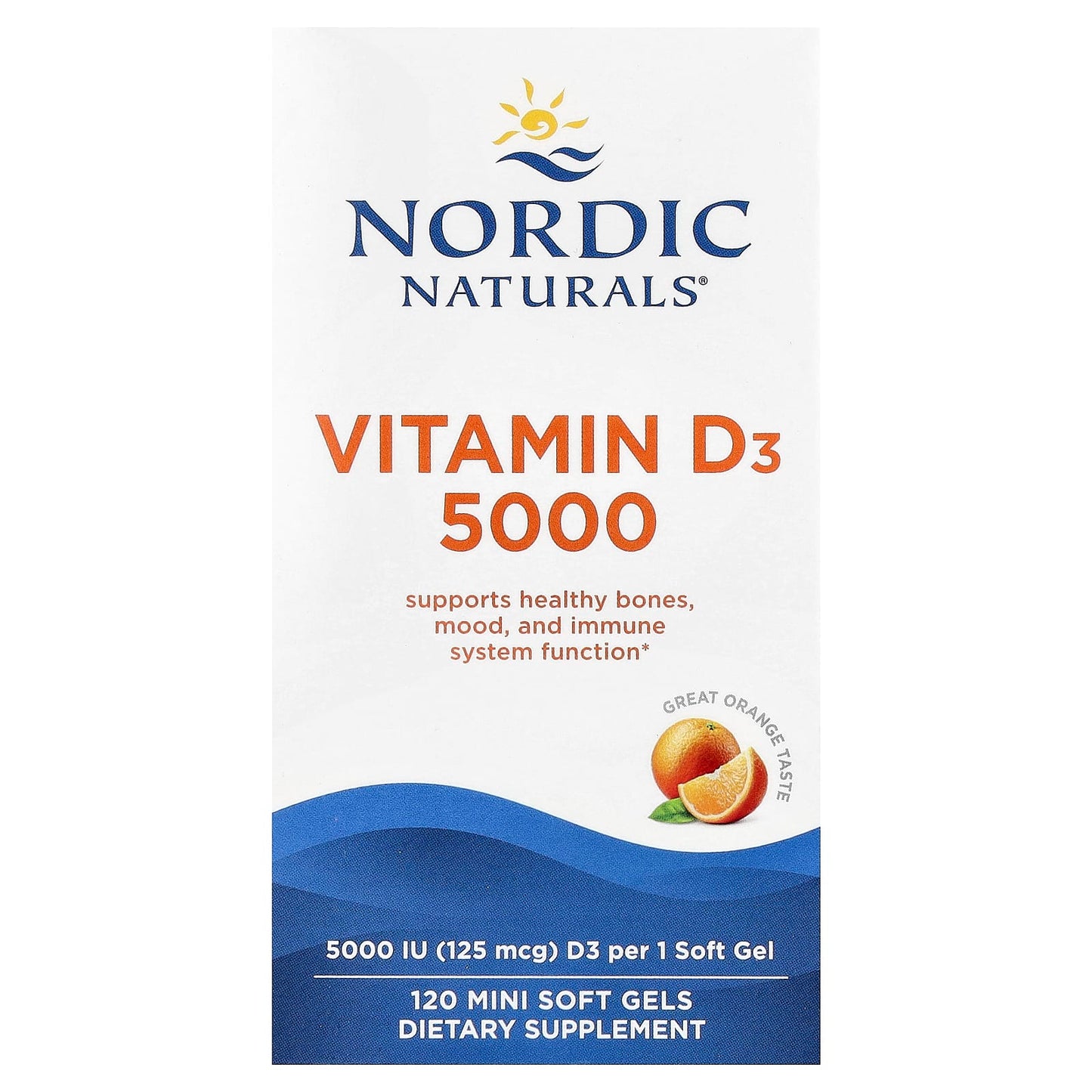 Nordic Naturals, Vitamin D3 5000, Orange, 125 mcg (5,000 IU), 120 Mini Soft Gels - Image 1