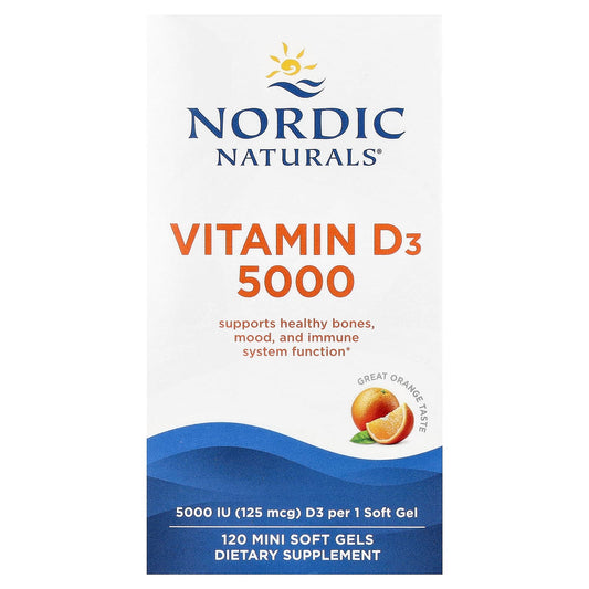 Nordic Naturals, Vitamin D3 5000, Orange, 125 mcg (5,000 IU), 120 Mini Soft Gels - Image 1
