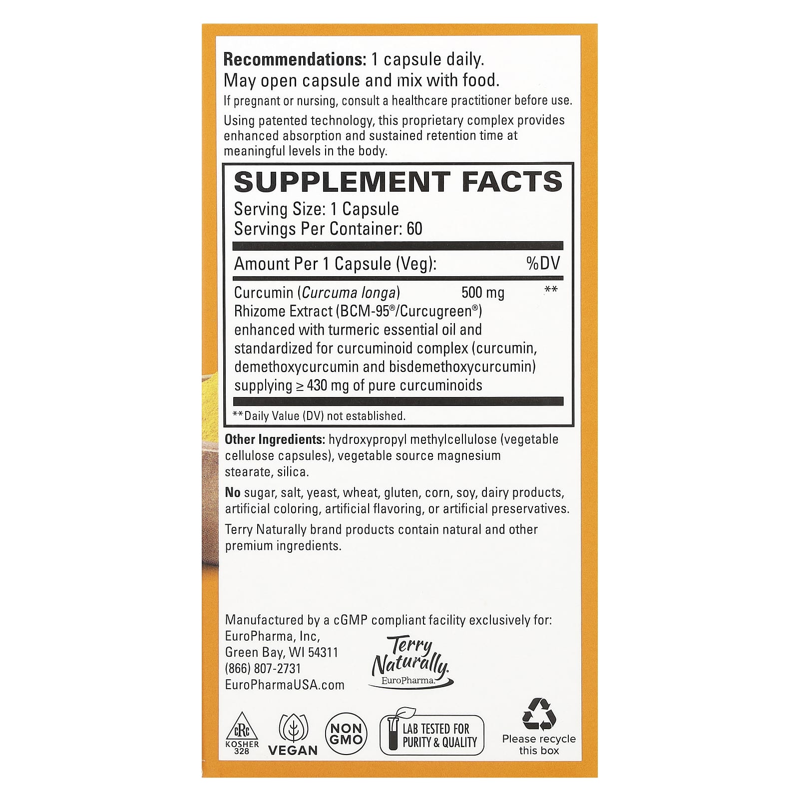 Terry Naturally, CuraMed, Superior Absorption Curcumin, 500 mg, 60 Capsules - Image 2