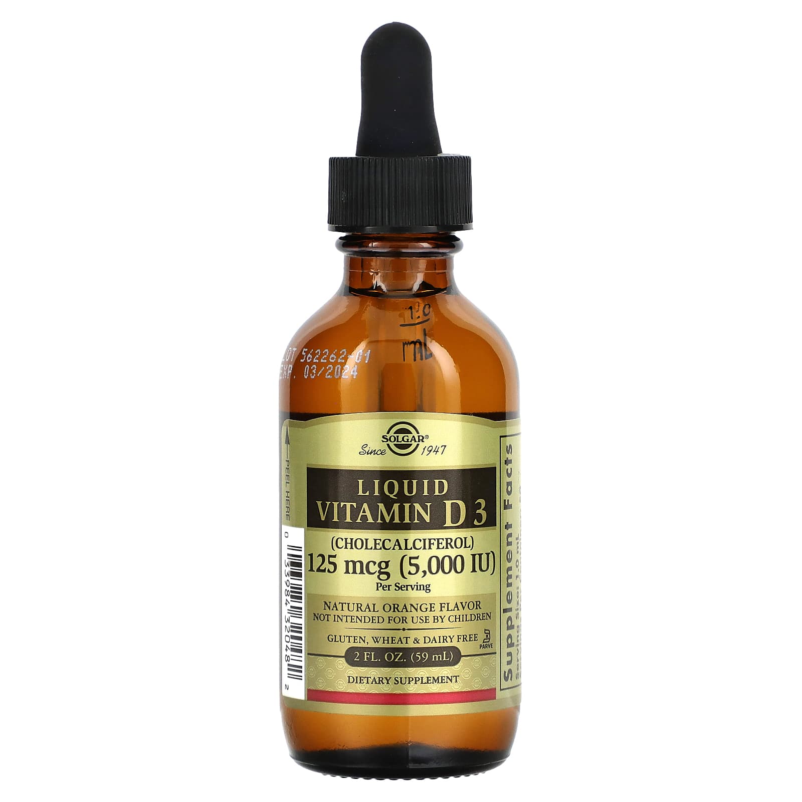 Solgar, Liquid Vitamin D3, Natural Orange , 125 mcg (5,000 IU), 2 fl oz (59 ml) - Image 1