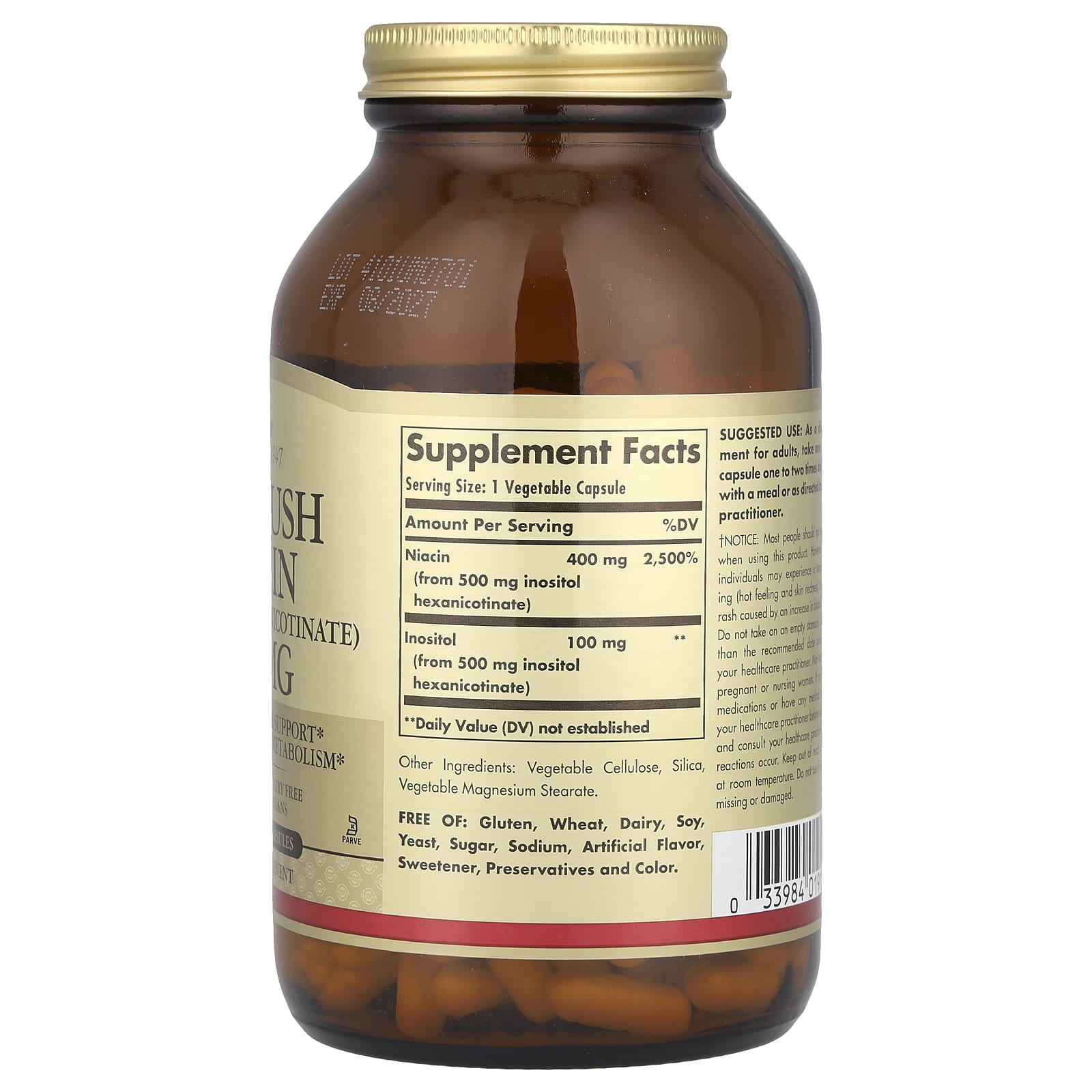 Solgar, No-Flush Niacin, (Inositol Hexanicotinate), 500 mg, 250 Vegetable Capsules - Image 2