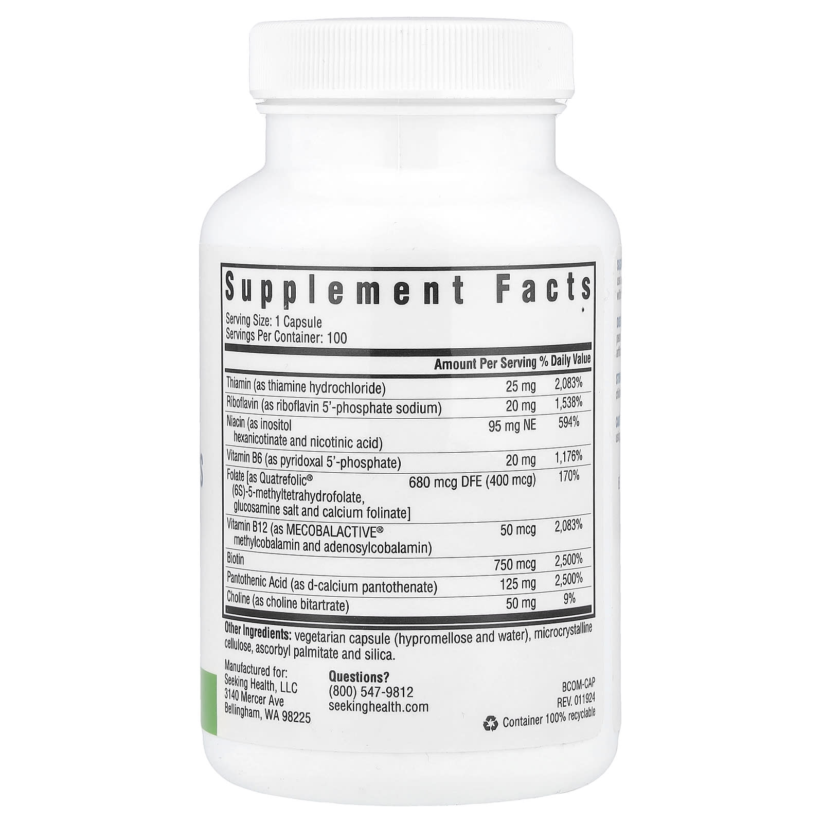 Seeking Health, B Complex Plus With Choline , 100 Vegetarian Capsules - Image 2