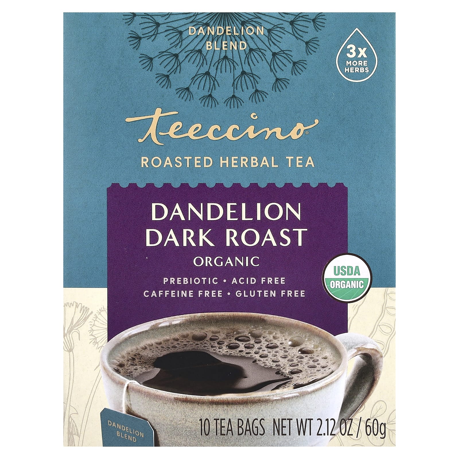 Teeccino, Organic Roasted Herbal Tea, Dandelion, Dark Roast, Caffeine Free, 10 Tea Bags, 2.12 oz (60 g) - Image 1