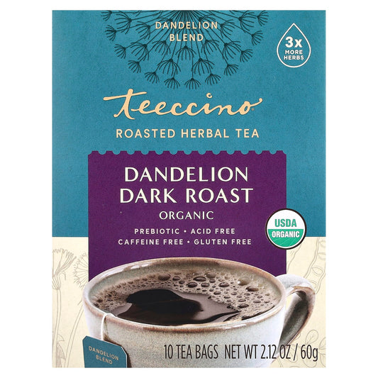 Teeccino, Organic Roasted Herbal Tea, Dandelion, Dark Roast, Caffeine Free, 10 Tea Bags, 2.12 oz (60 g) - Image 1