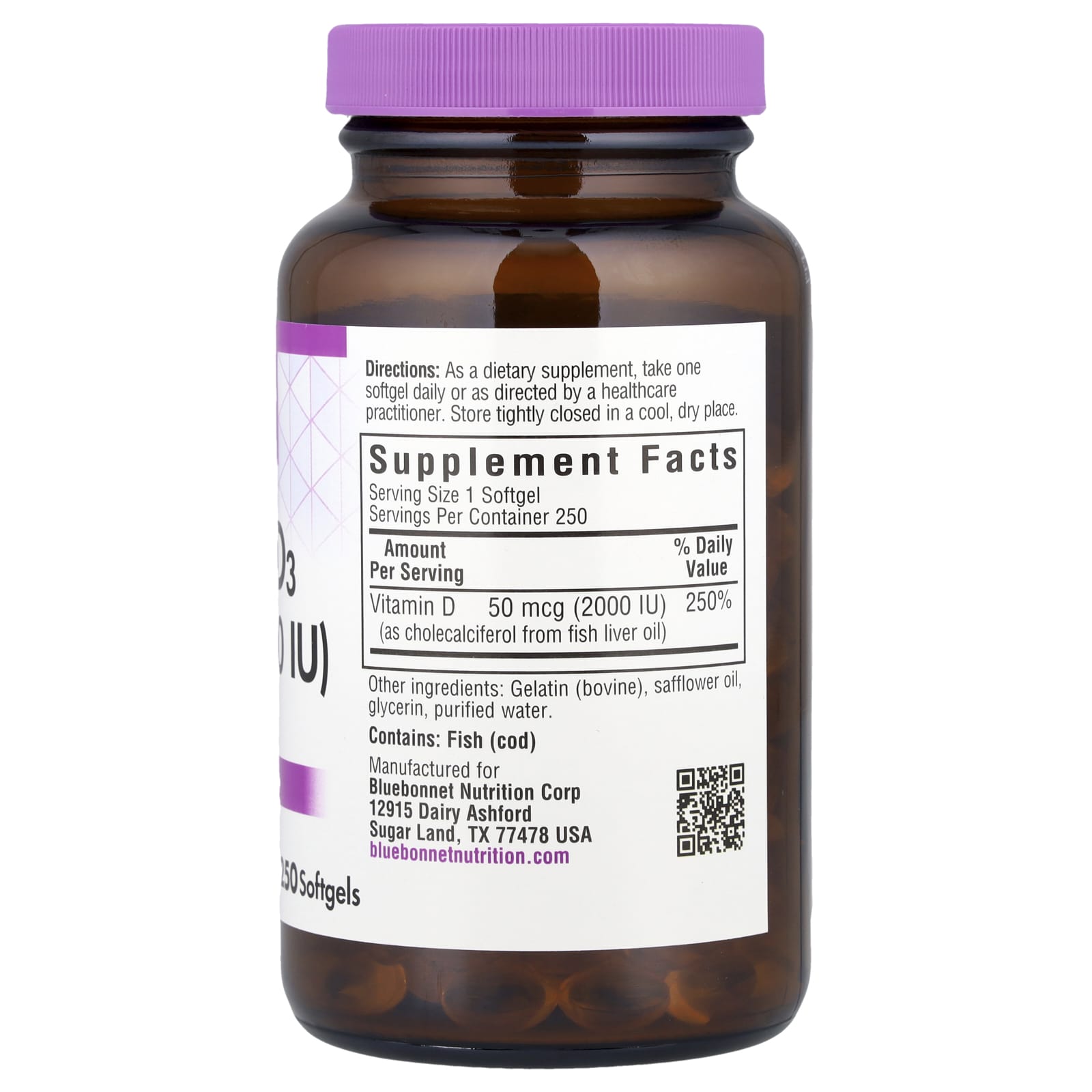 Bluebonnet Nutrition, Vitamin D3, 50 mcg (2,000 IU), 250 Softgels