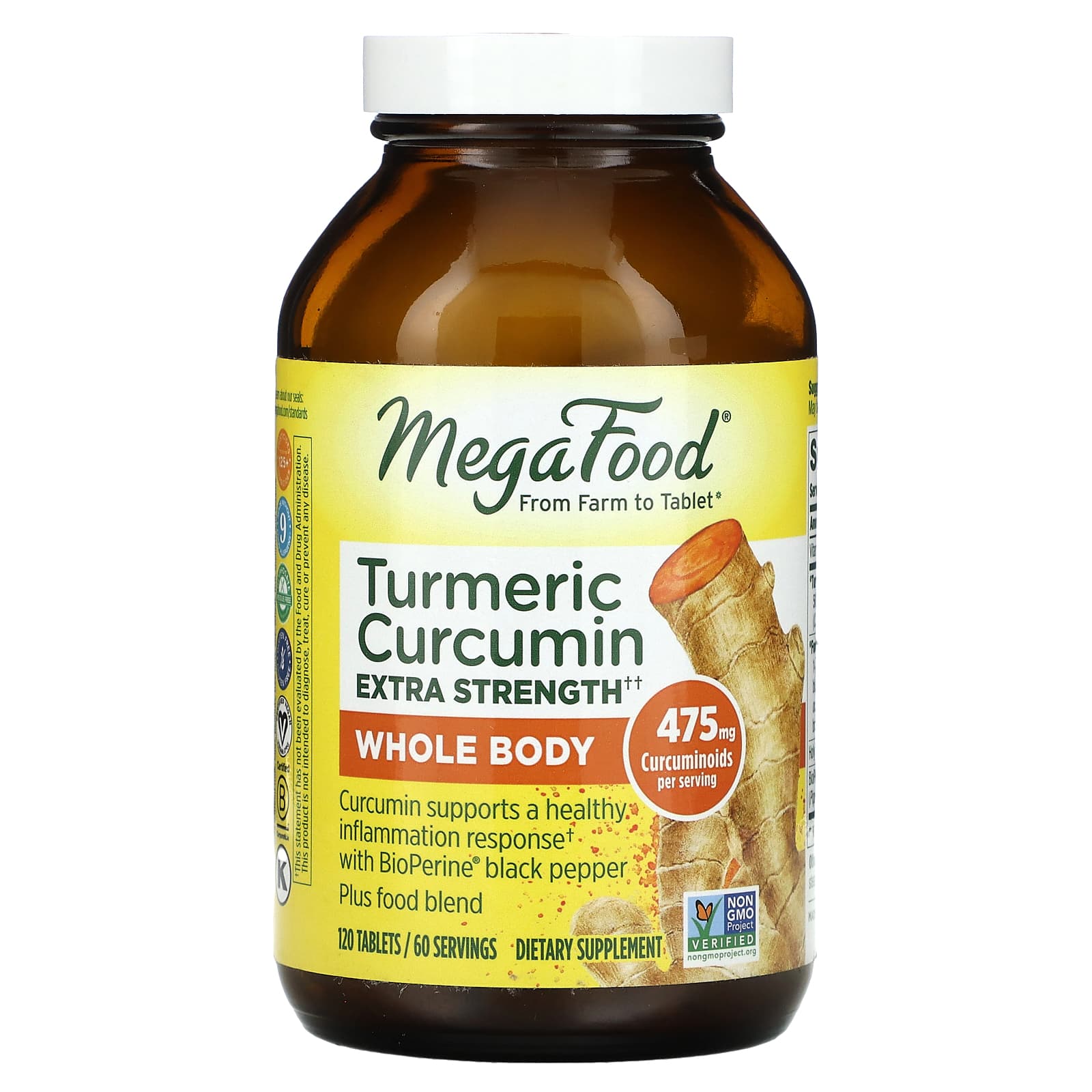 MegaFood, Turmeric Curcumin Extra Strength, Whole Body, 120 Tablets - Image 1