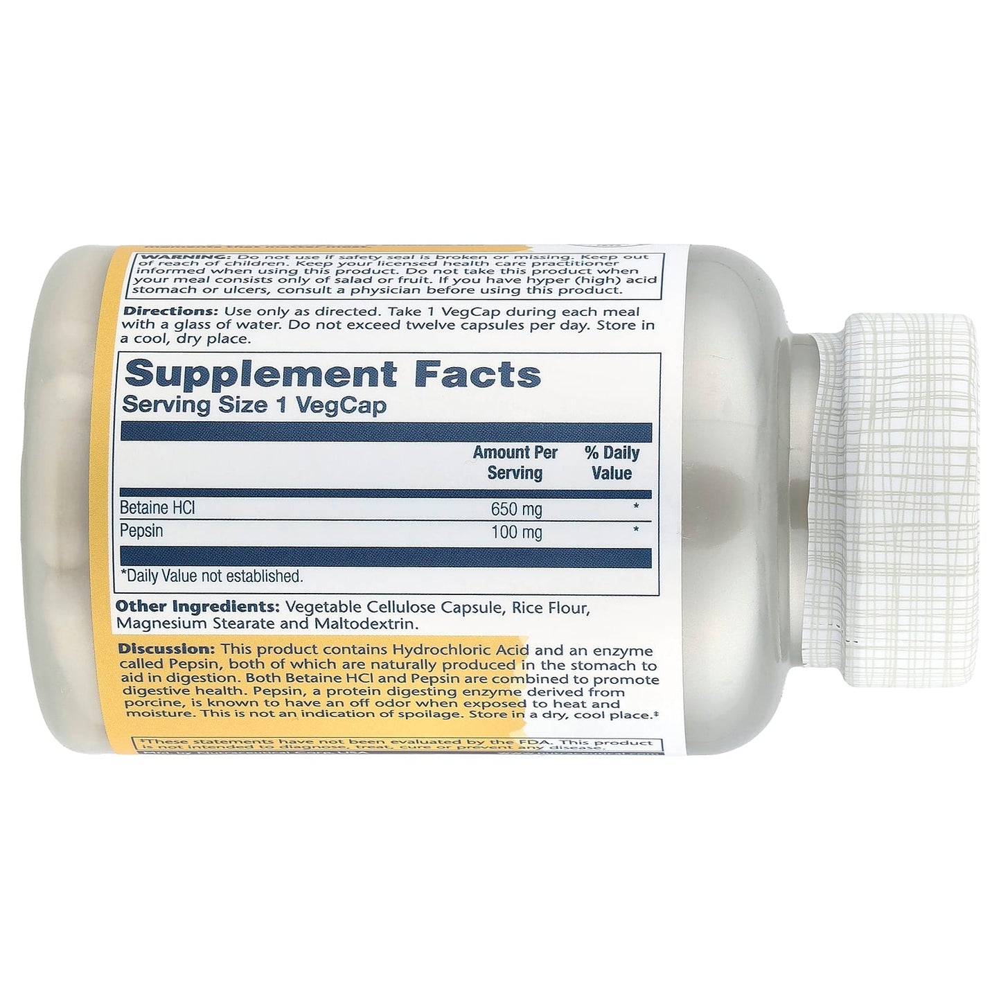 Solaray, High Potency Betaine HCl with Pepsin, 100 VegCaps - Image 2