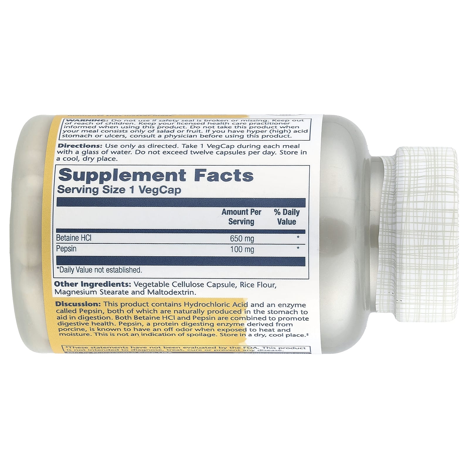 Solaray, High Potency Betaine HCl with Pepsin, 100 VegCaps - Image 2