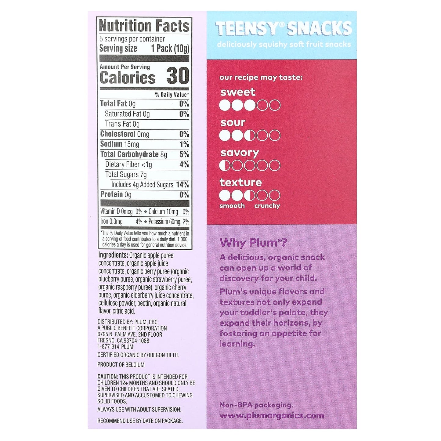 Plum Organics, Teensy Snacks, Soft Fruit Snacks, Tots 12+ Months, Mixed Berry, 5 Packs, 0.35 oz (10 g) Each - Image 2