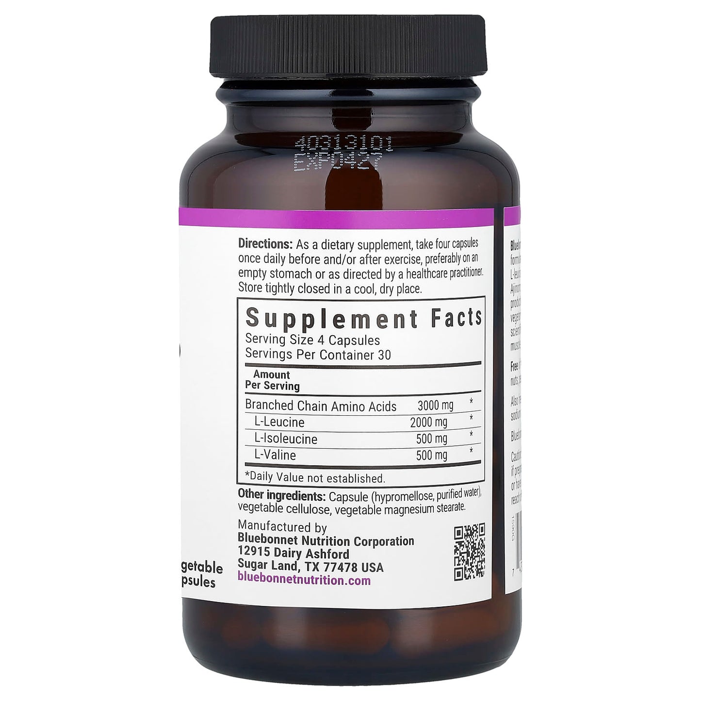 Bluebonnet Nutrition BCAA Supplement, 4:1:1 Ratio, 120 Veggie Capsules - Image 2