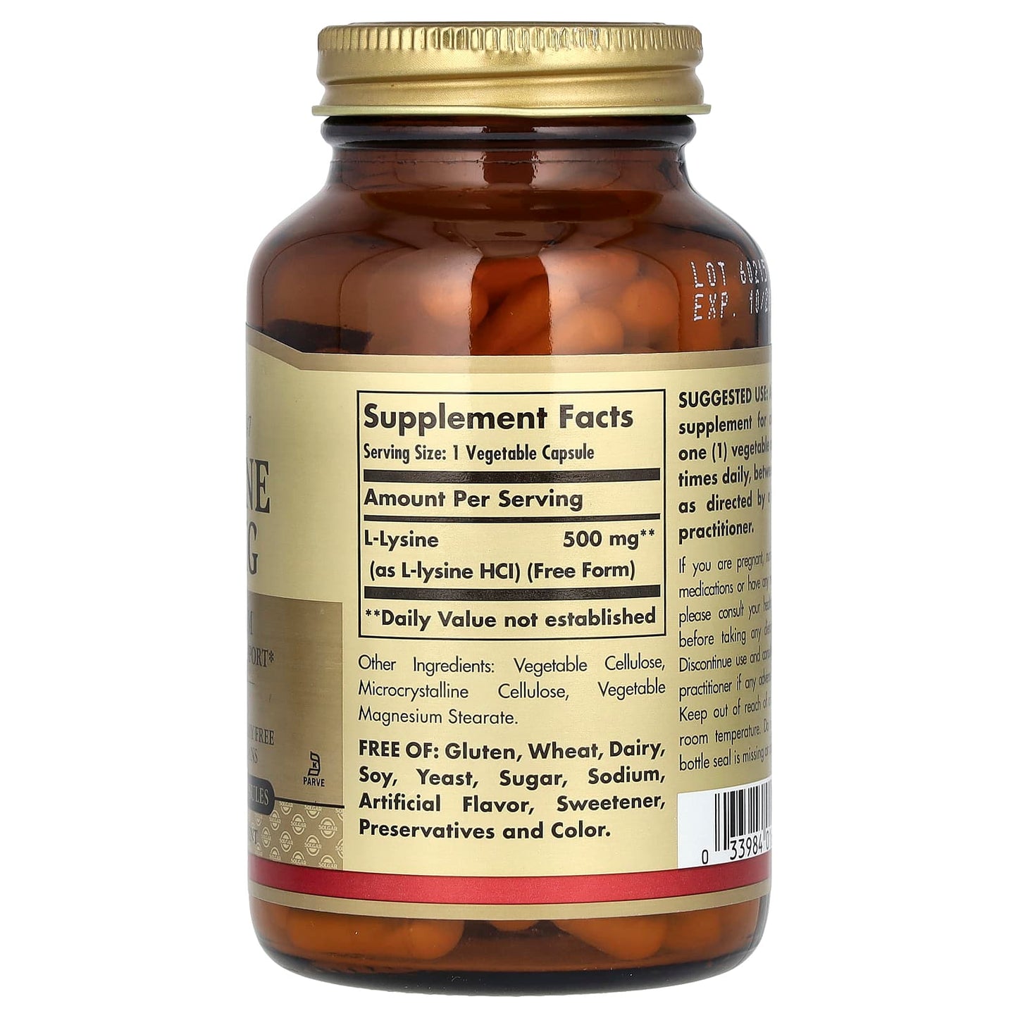 Solgar, L-Lysine, Free Form, 500 mg, 100 Vegetable Capsules - Image 2