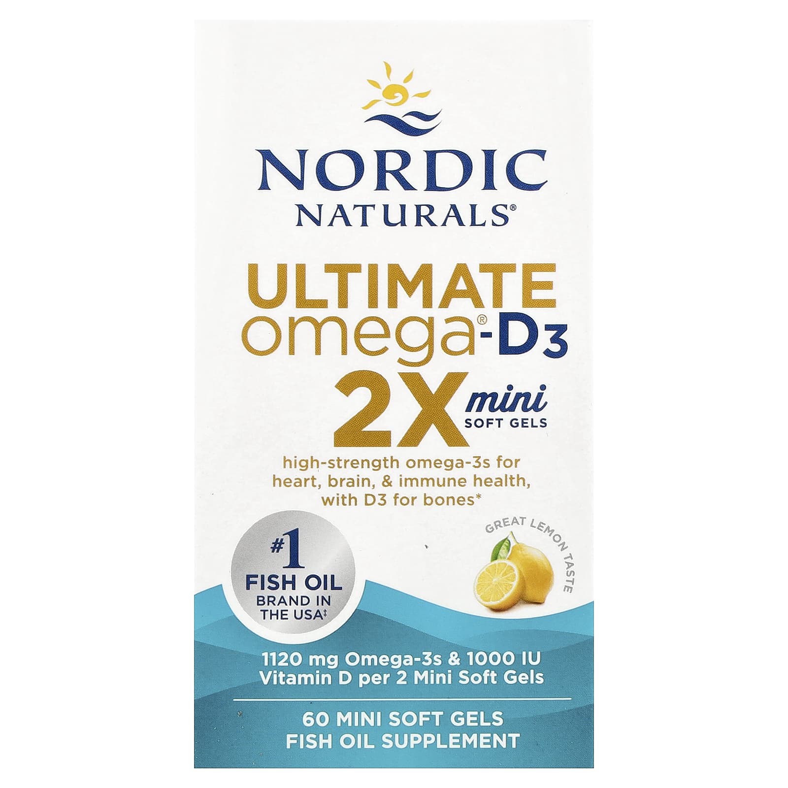 Nordic Naturals, Ultimate Omega®-D3 2X, Lemon, 60 Mini Soft Gels - Image 1