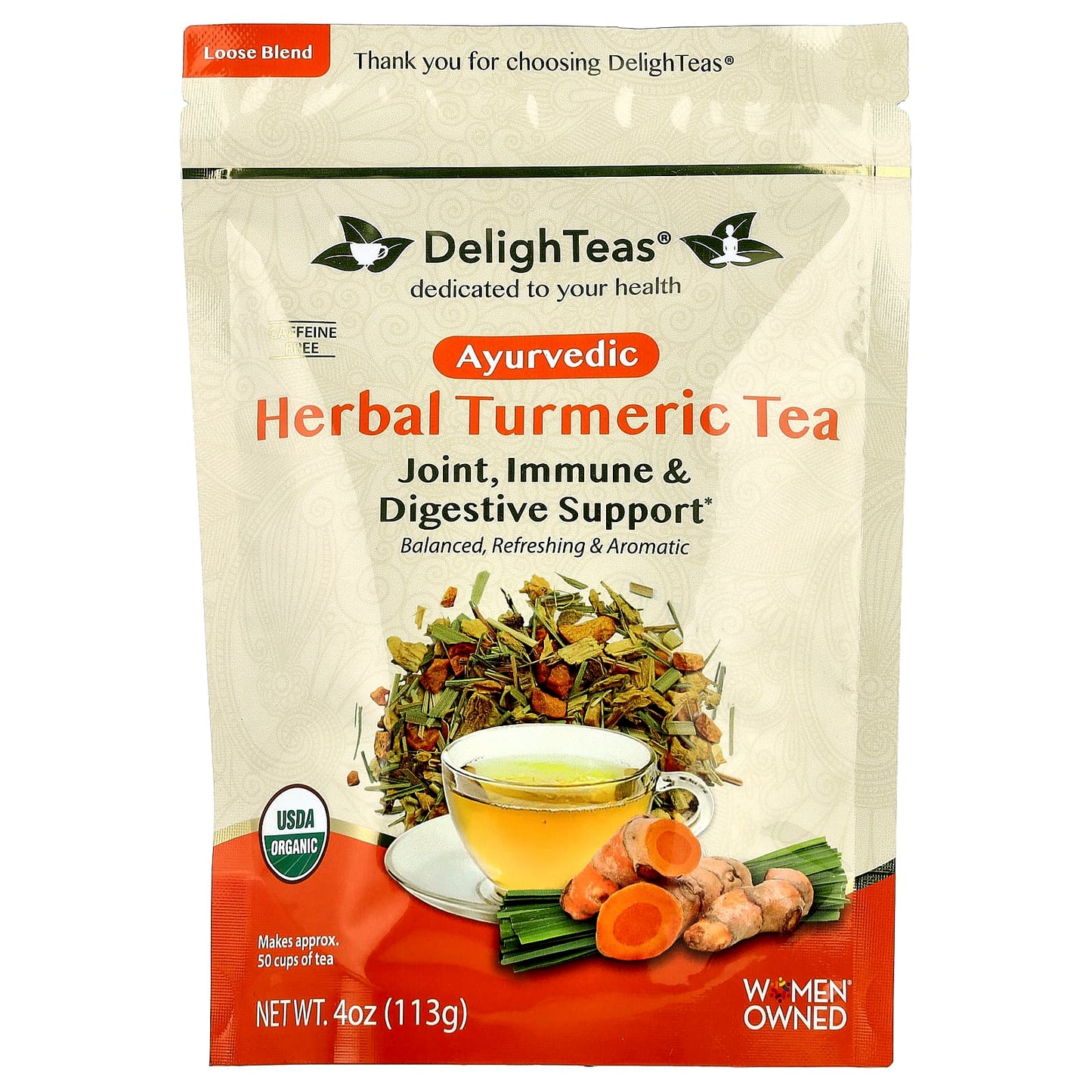 Ayurvedic Turmeric Tea, USDA Organic, Caffeine Free, 4oz - Image 1