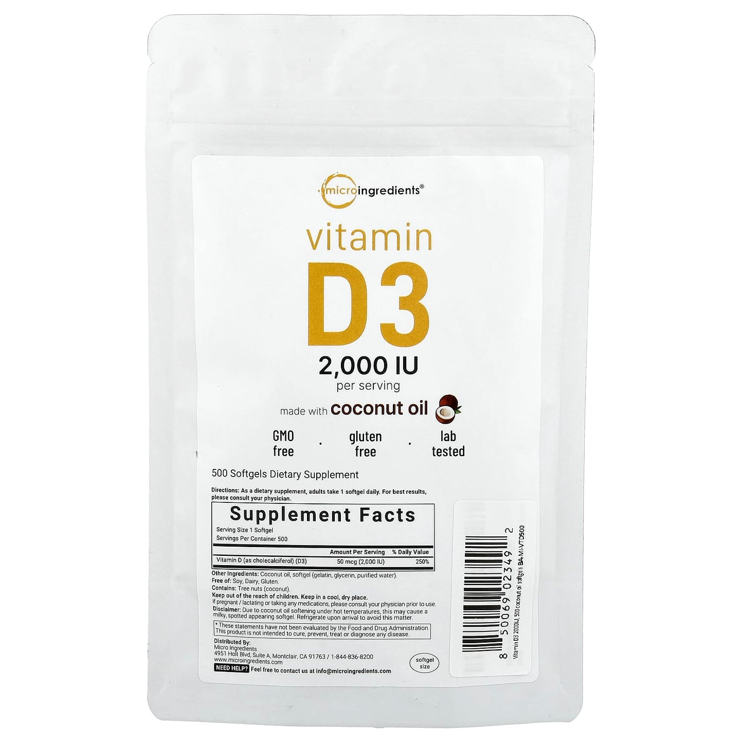 Micro Ingredients, Vitamin D3, 2,000 IU, 500 Softgels - Image 1