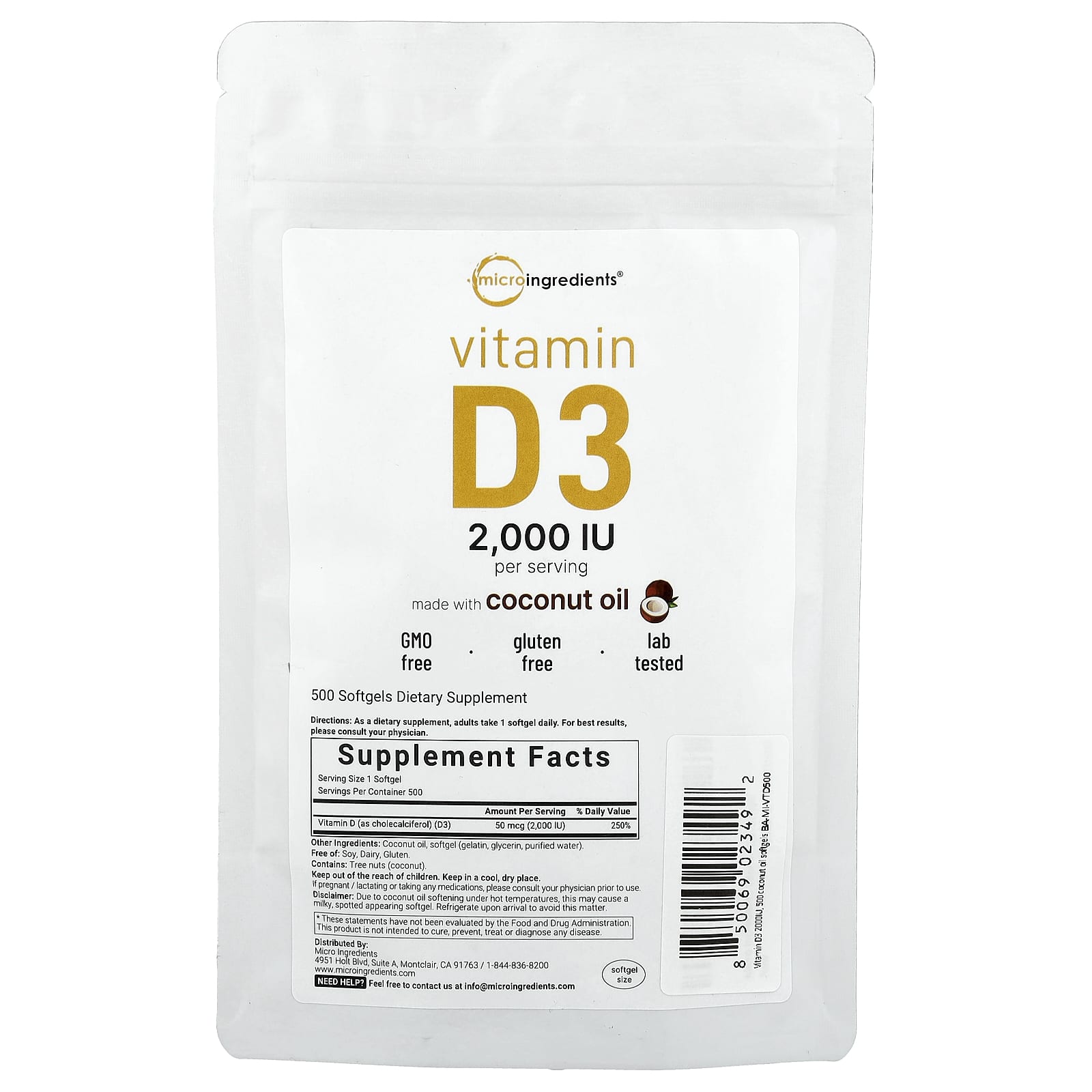 Micro Ingredients, Vitamin D3, 2,000 IU, 500 Softgels - Image 1