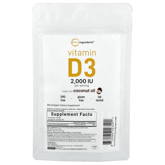 Micro Ingredients, Vitamin D3, 2,000 IU, 500 Softgels - Image 1