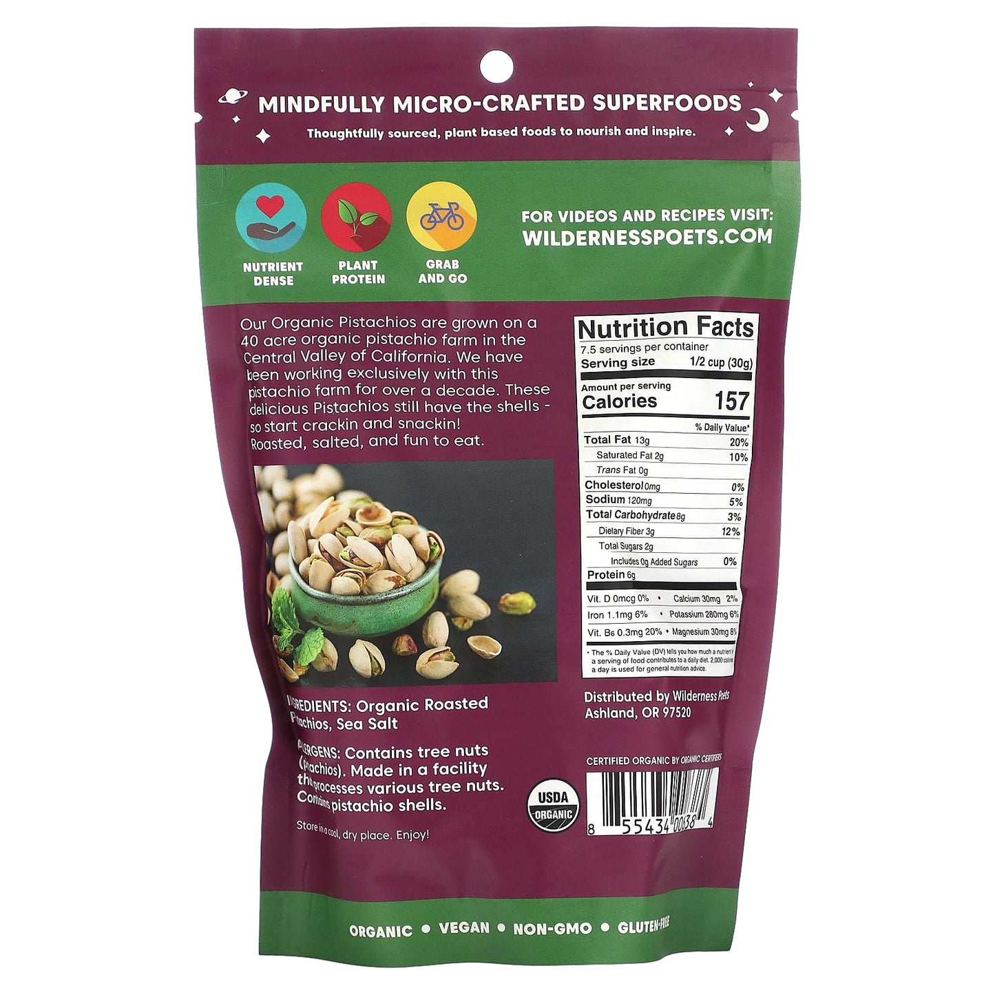 Wilderness Poets, Organic Roasted and Salted California Pistachios, 8 oz (226 g) - Image 2