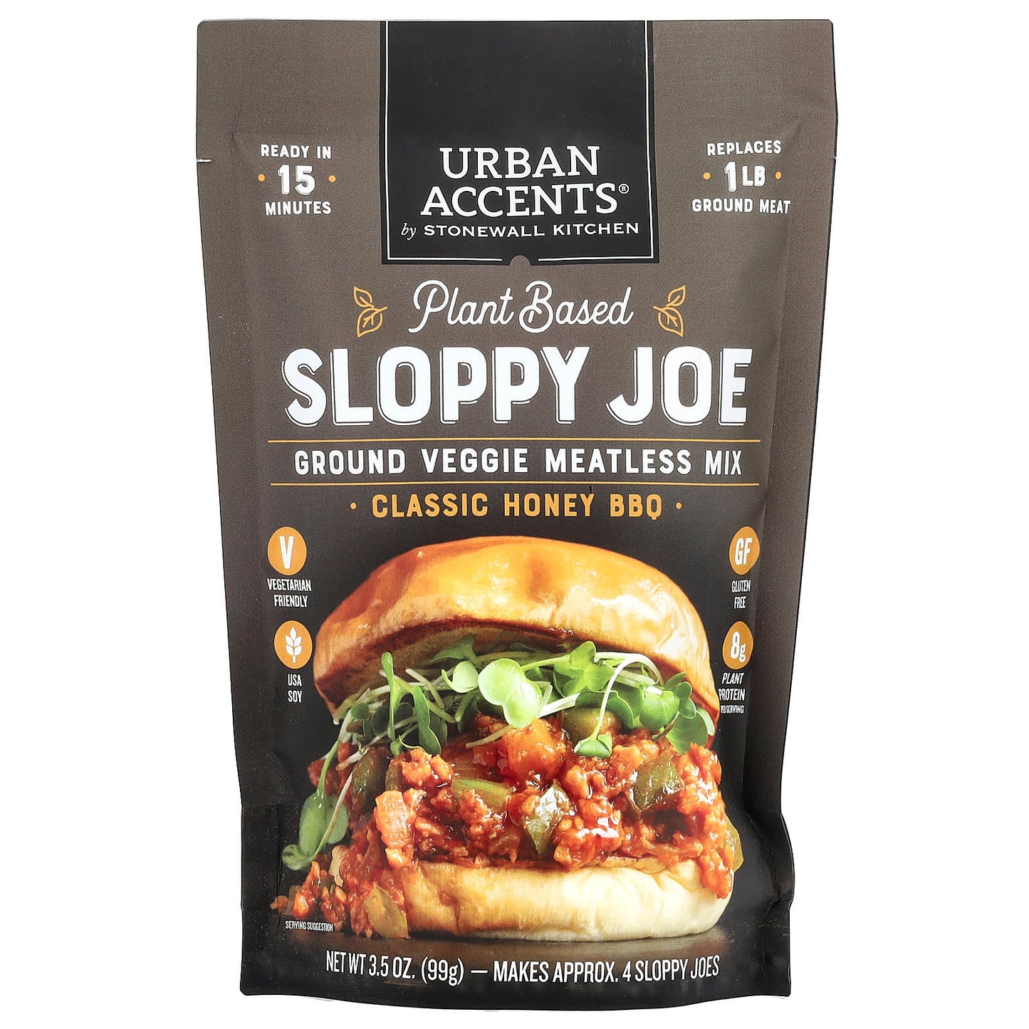 Urban Accents, Plant Based Sloppy Joe, Ground Veggie Meatless Mix, Classic Honey BBQ, 3.5 oz (99 g) - Image 1