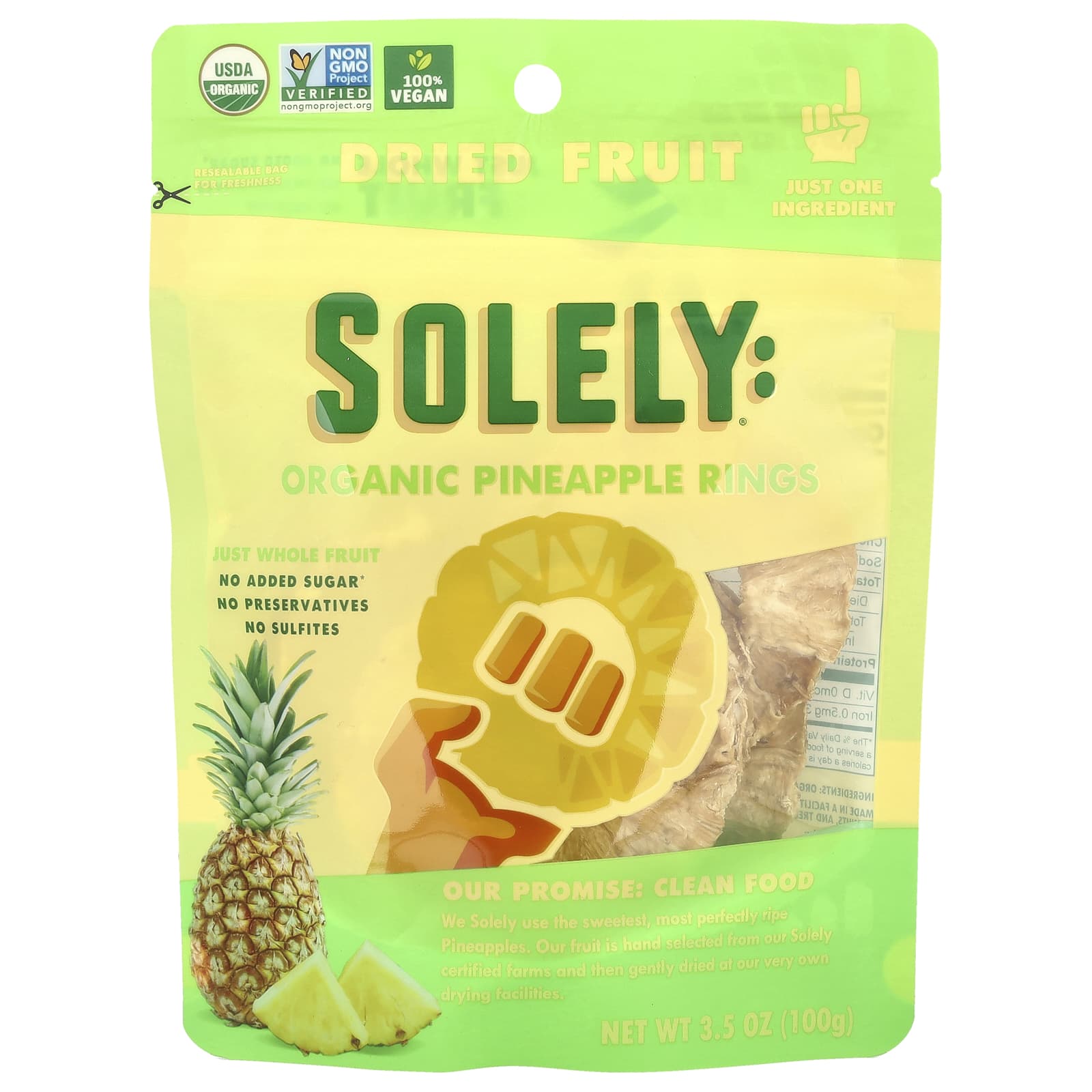 Solely, Organic Dried Fruit, Pineapple Rings, 3.5 oz (100 g) - Image 1