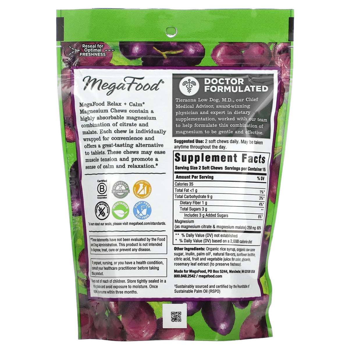 MegaFood, Relax + Calm Magnesium Soft Chews, Grape, 30 Individually Wrapped Soft Chews (125 mg per Chew) - Image 2