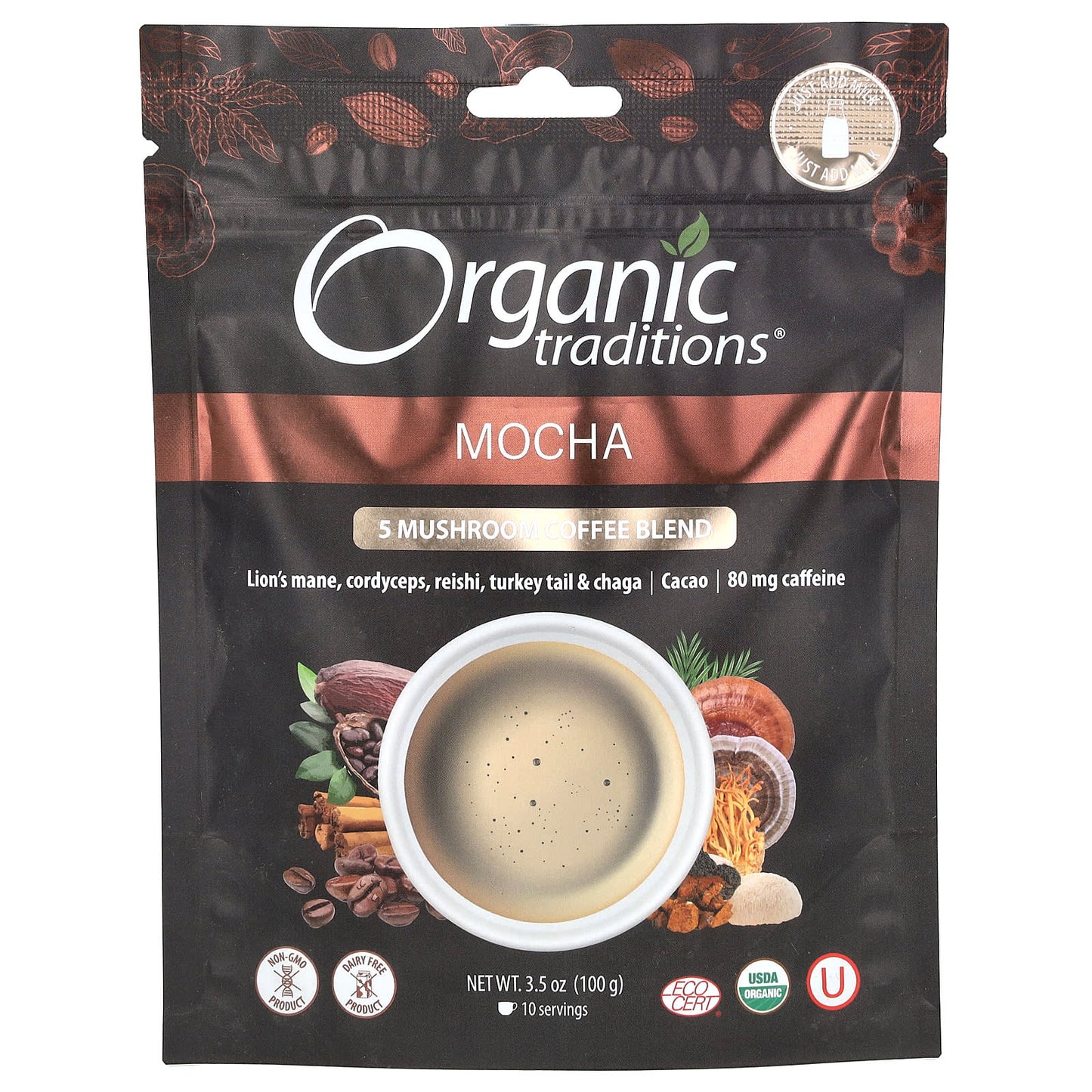 Organic Traditions, 5 Mushroom Coffee Blend, Mocha, 3.5 oz (100 g) - Image 1