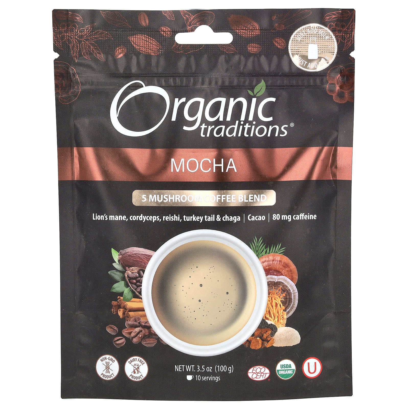 Organic Traditions, 5 Mushroom Coffee Blend, Mocha, 3.5 oz (100 g) - Image 1