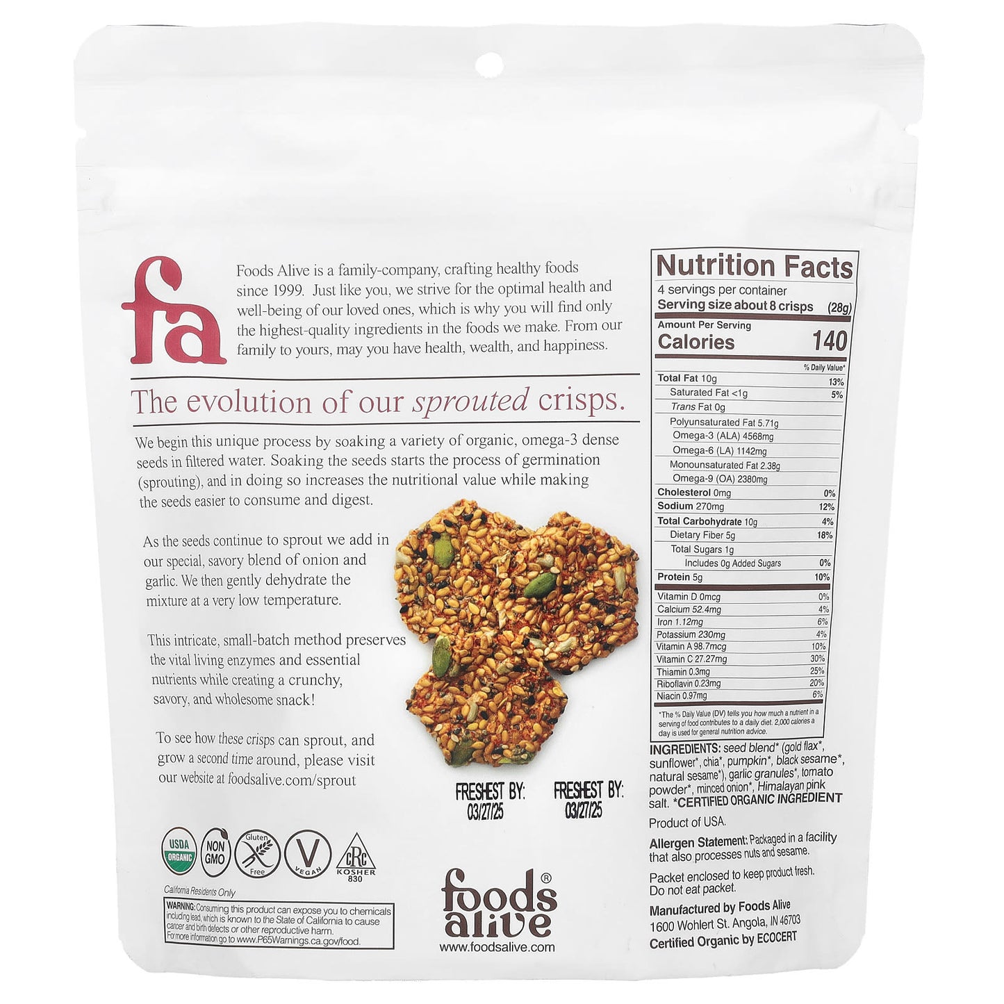 USDA Organic Sprouted Crisps with Onion & Garlic by Foods Alive - Image 2